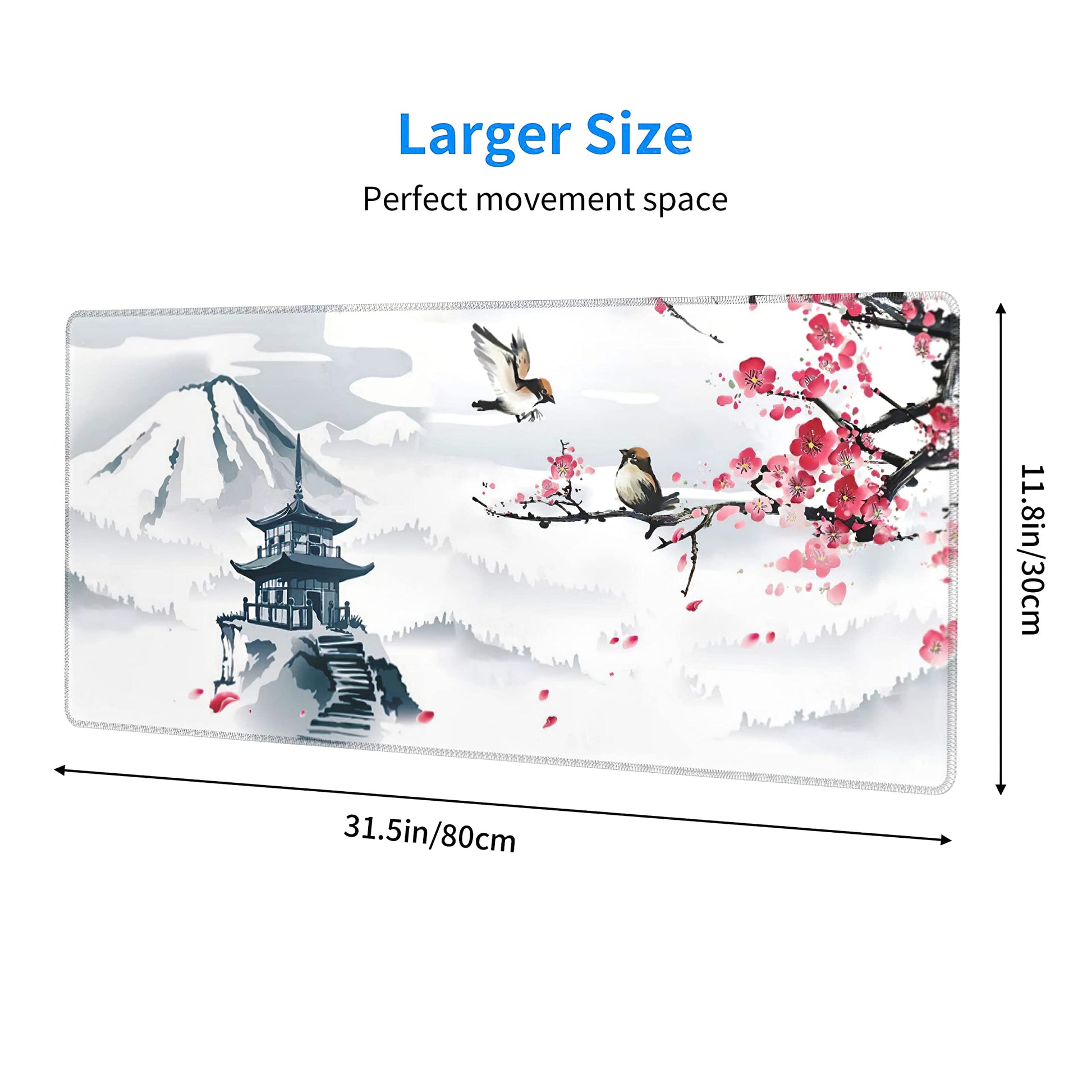 Japanese Pagoda Cherry Blossom Gaming Mouse Pad XL Birds Sakura Branch Mountain Extended Large Desk