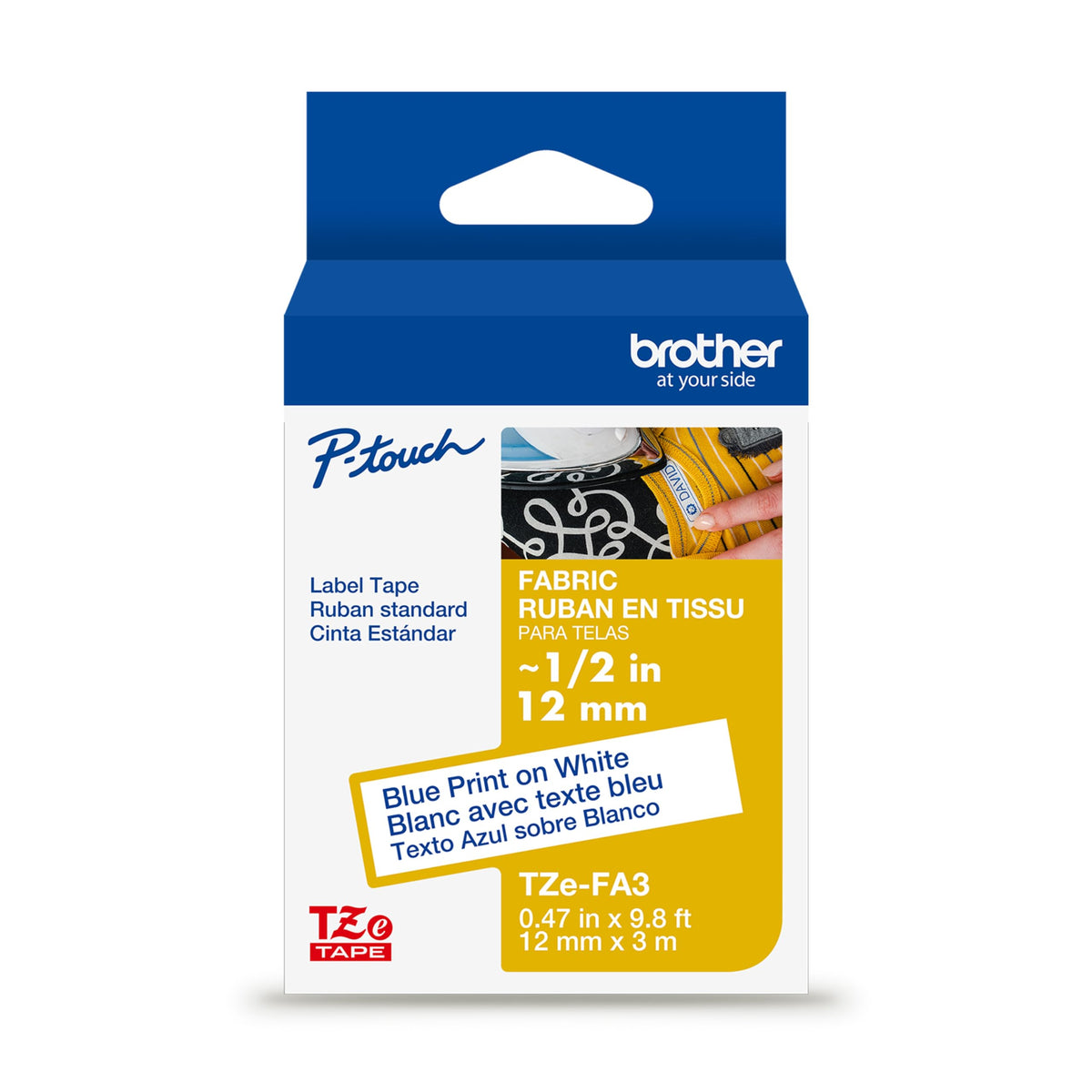 Brother Genuine P-Touch TZe, Navy Blue Print on White Fabric Label Tape (TZeFA3),1/2in x 9.8ft