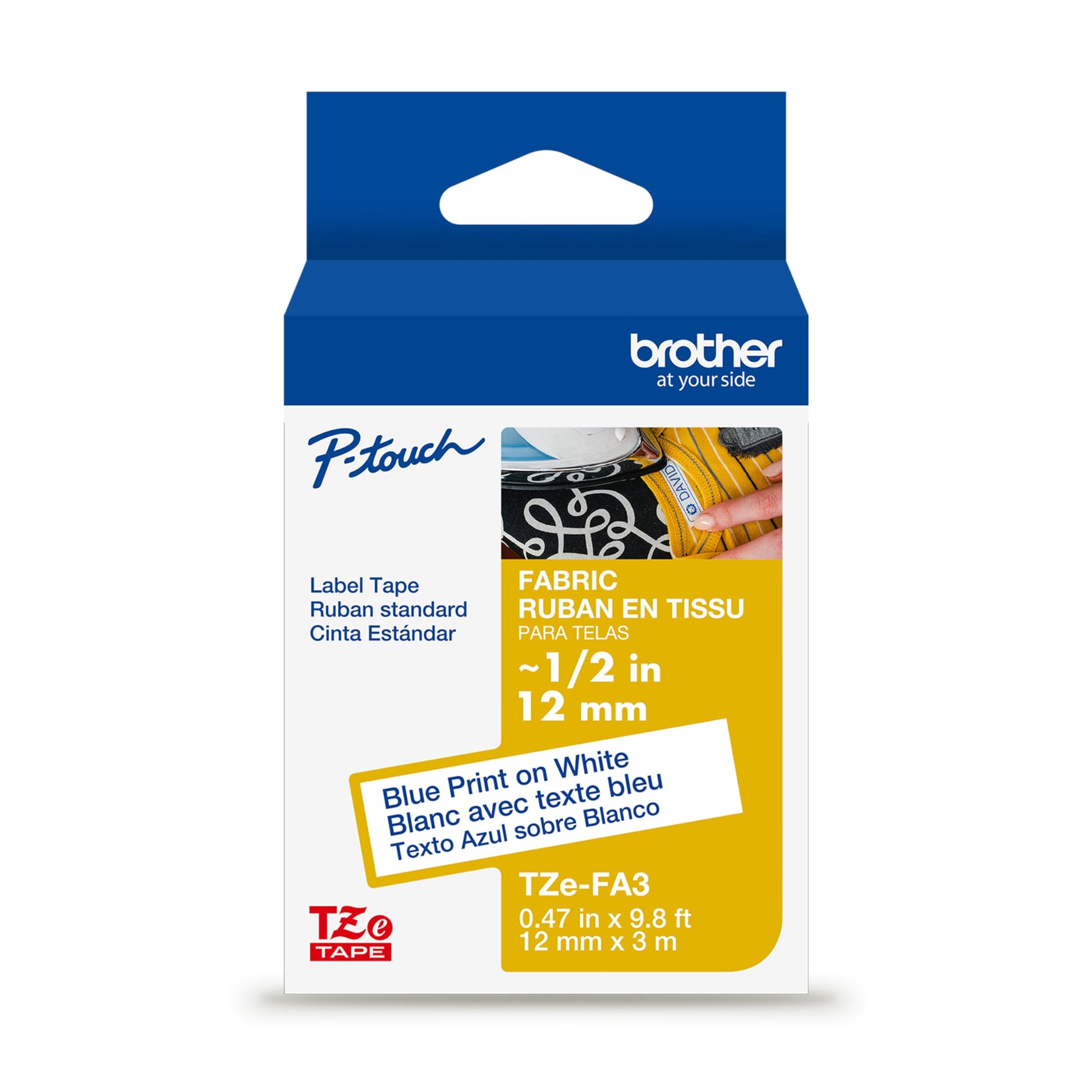 Brother Genuine P-Touch TZe, Navy Blue Print on White Fabric Label Tape (TZeFA3),1/2in x 9.8ft