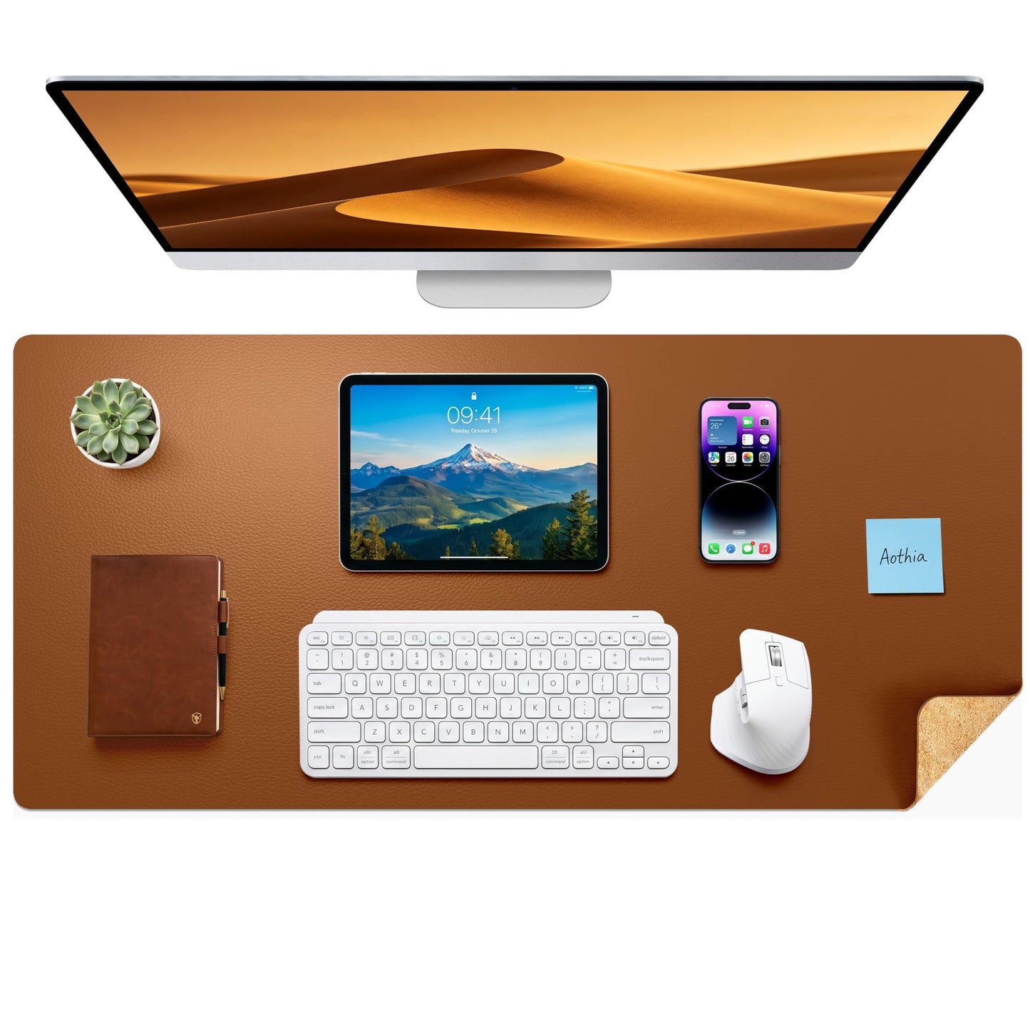 Aothia Double-Sided Desk Pad, 37.8"x17" Leather Desk Mat, Eco Cork Desk Pad Protector,Large Mouse