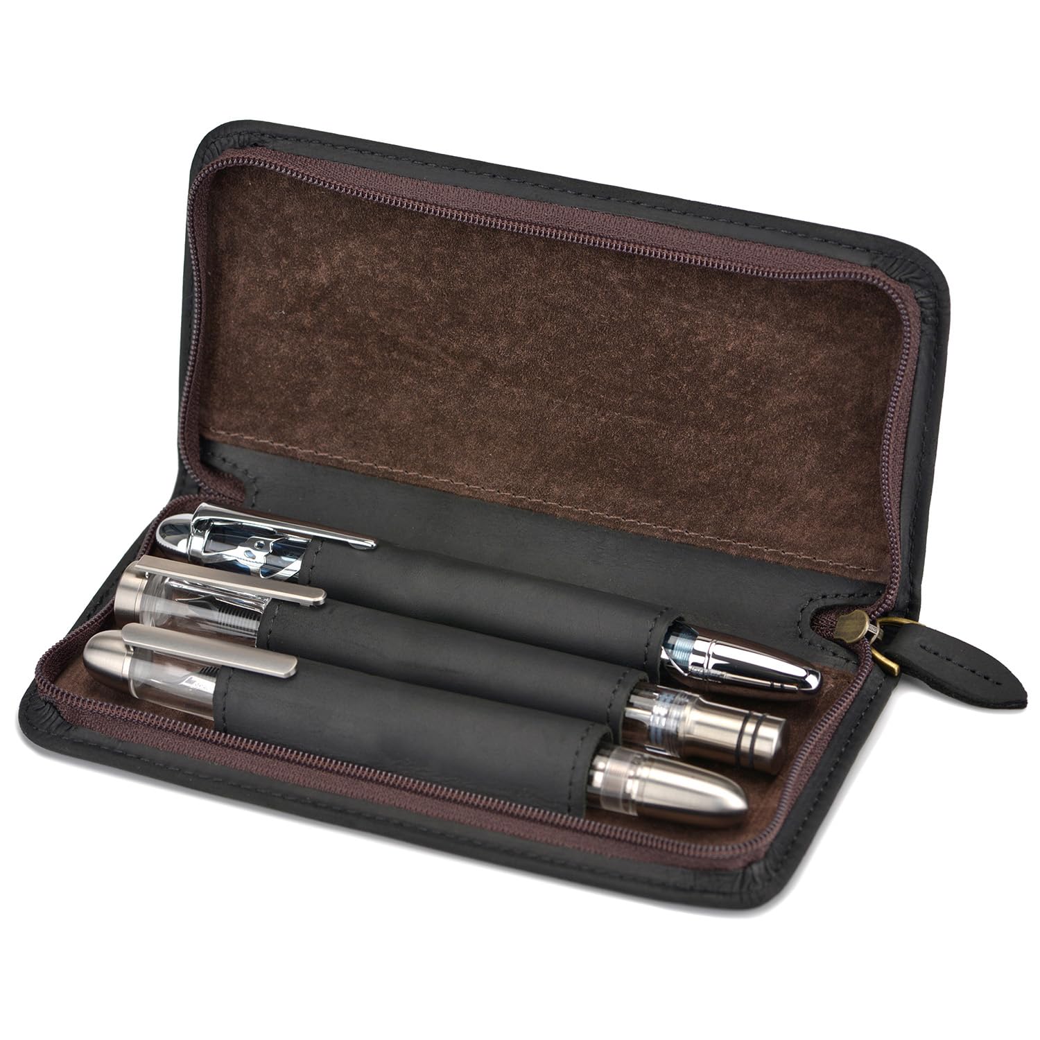 Fountain Pen Case 3 Divided Slots Crazy Horse Leather Pen Holder, Handmade Display Zippered Pouch