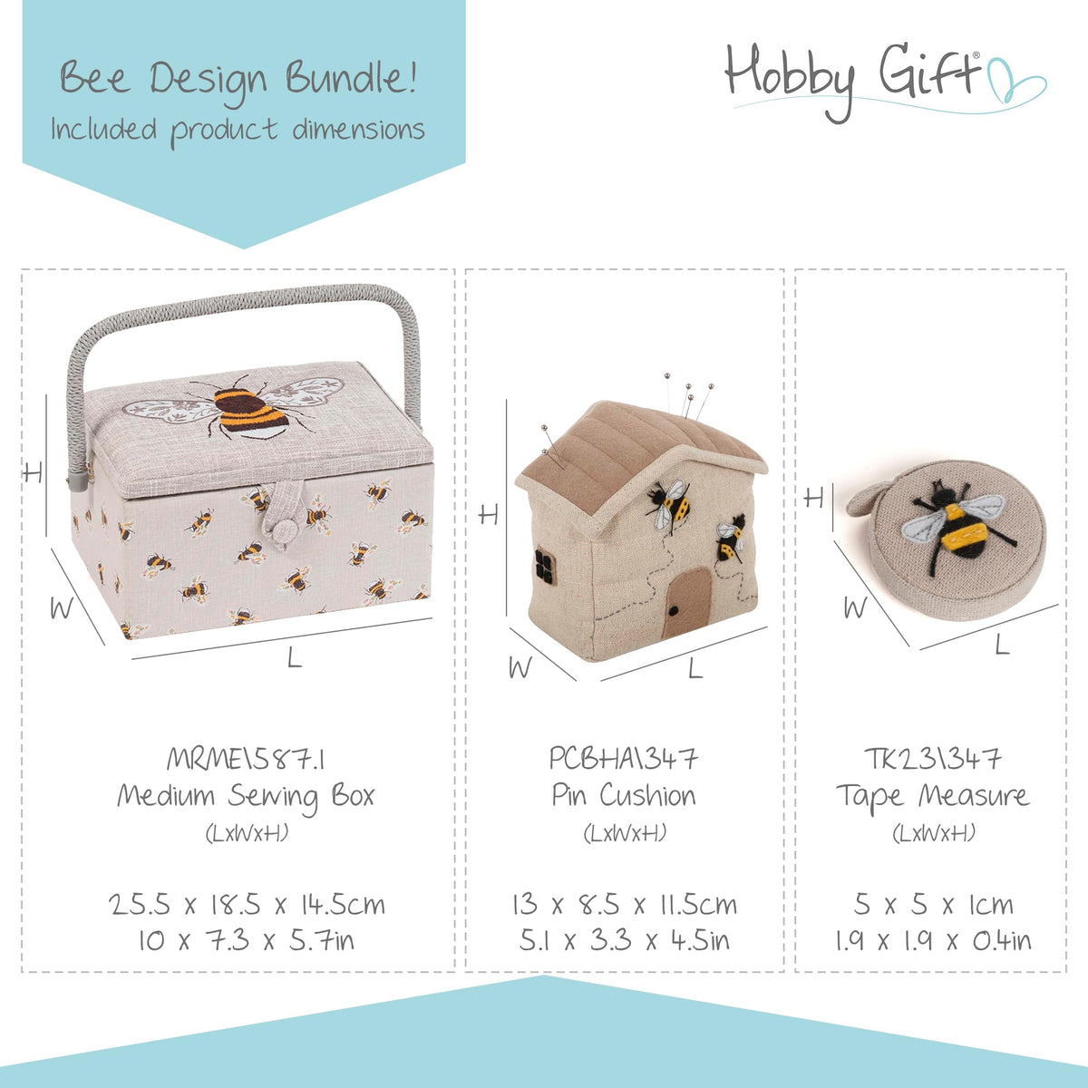 Hobby Gift Bee Sewing Gift Set with Fabric Sewing Box, Matching Pin Cushion and Tape Measure