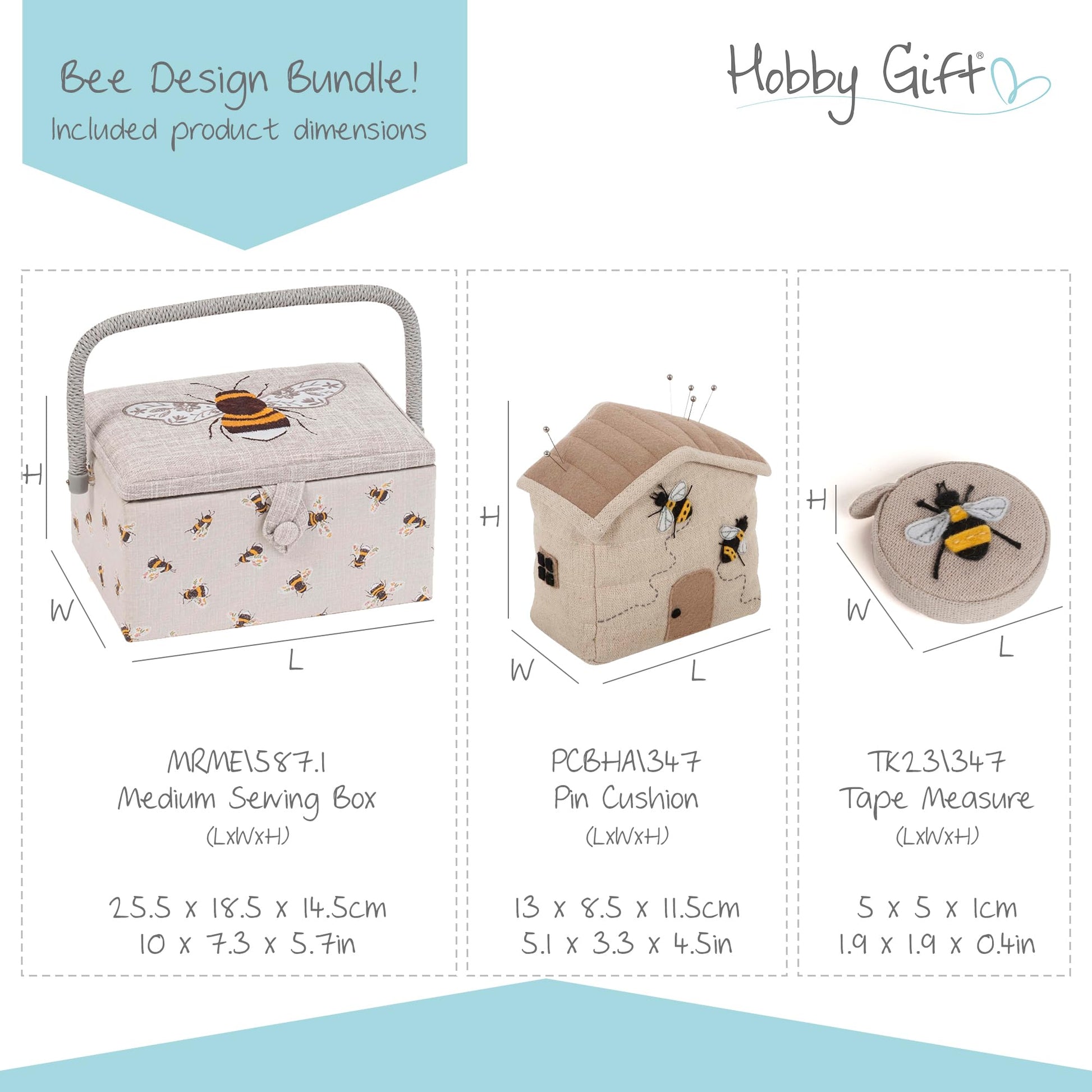 Hobby Gift Bee Sewing Gift Set with Fabric Sewing Box, Matching Pin Cushion and Tape Measure