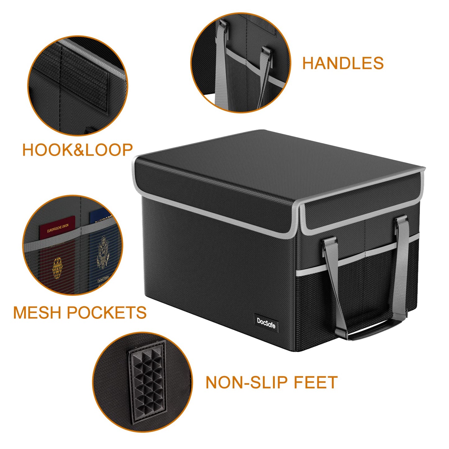 DocSafe File Box Fireproof File Storage Organizer with Lid,Collapsible Document Storage Filing Case