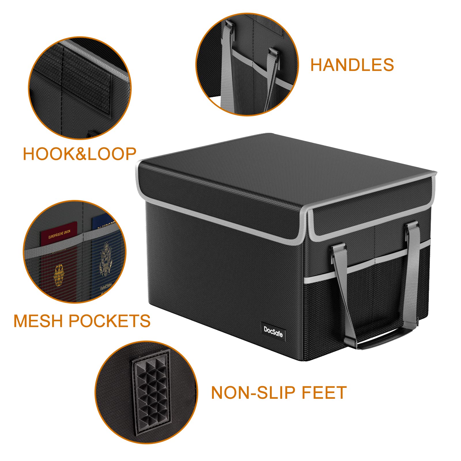 DocSafe File Box Fireproof File Storage Organizer with Lid,Collapsible Document Storage Filing Case