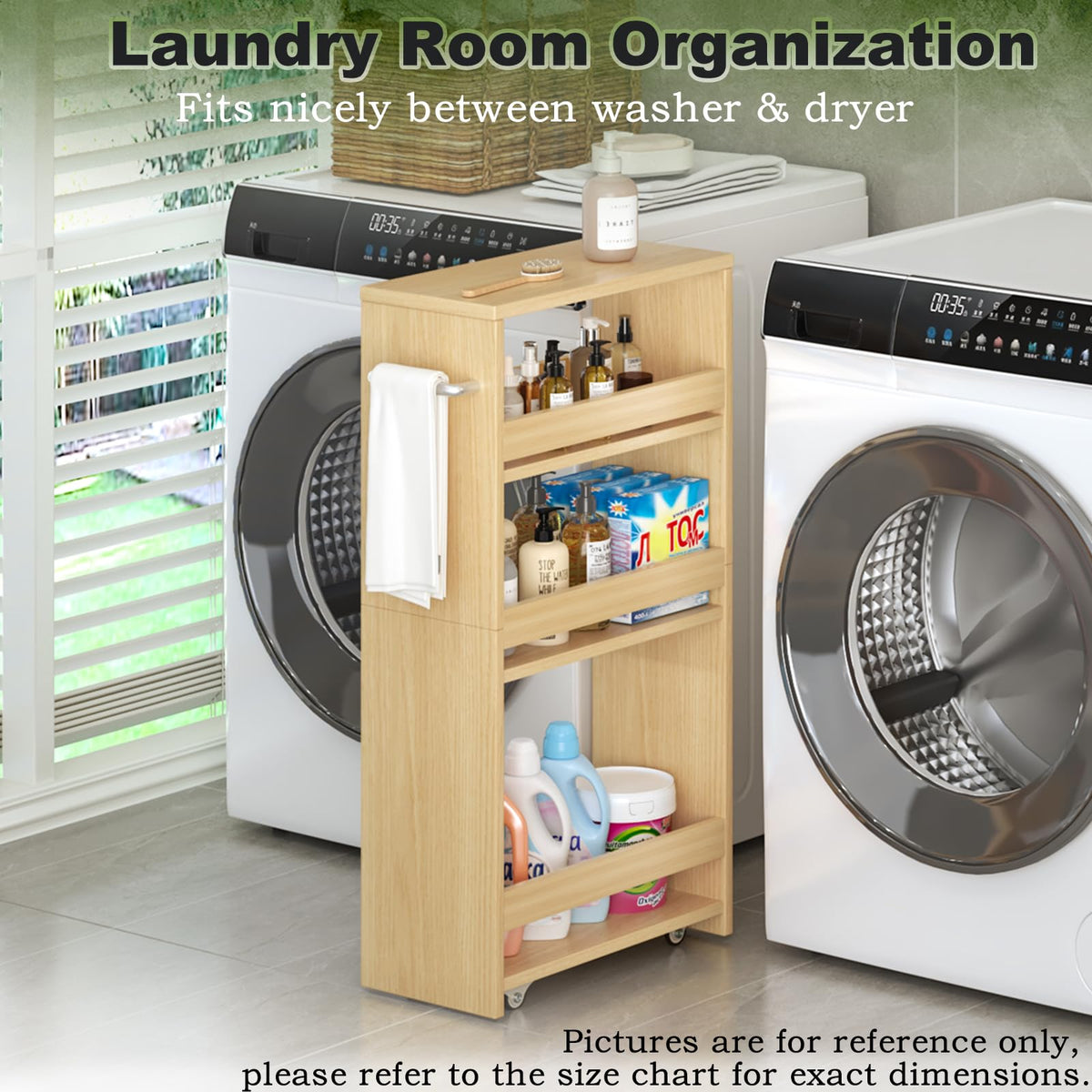 MARTY Slim Rolling Storage Cart, Wood Utility Kitchen Bathroom Laundry Cart