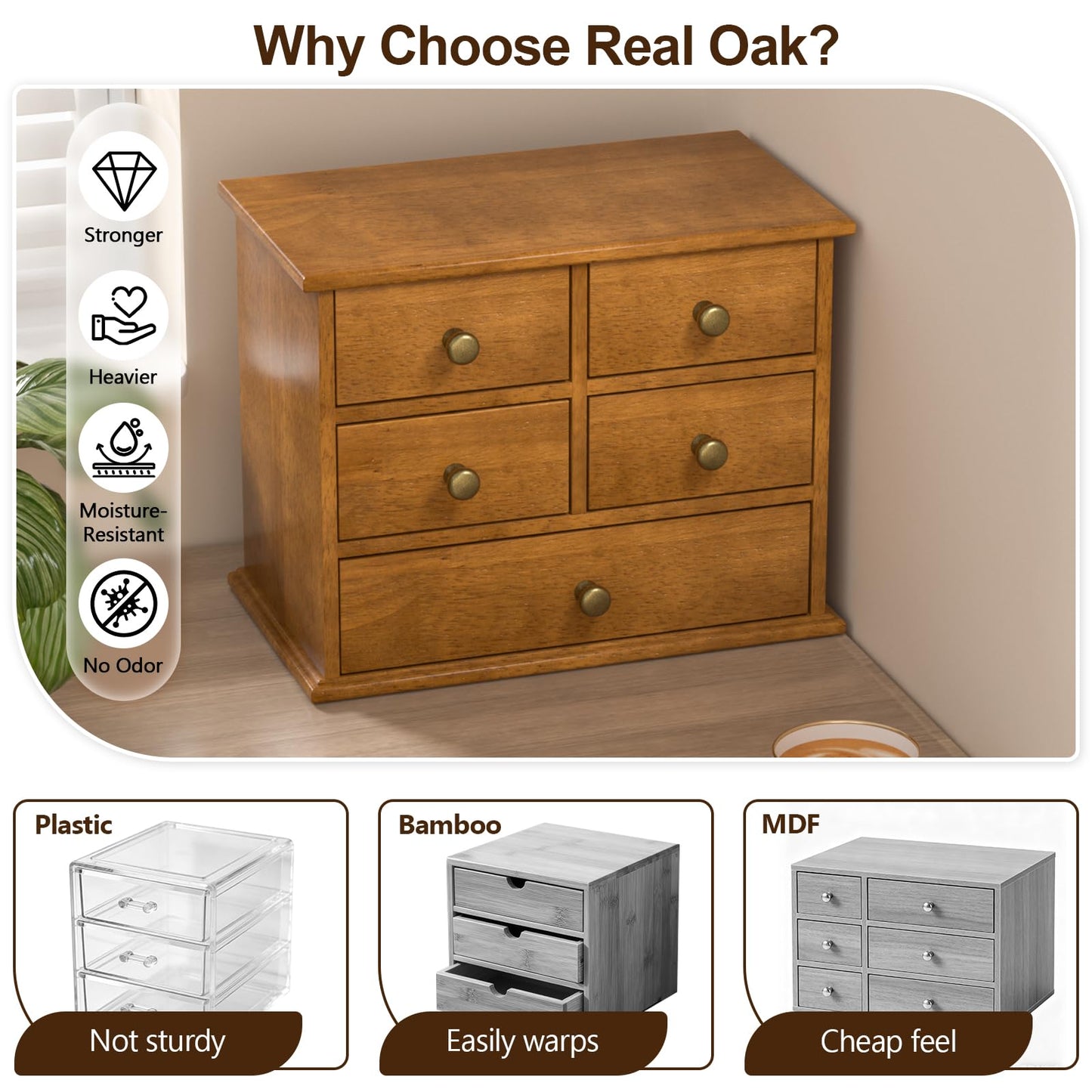 Oak Desk Organizer with Drawers, Durable Wooden Desktop Storage Box