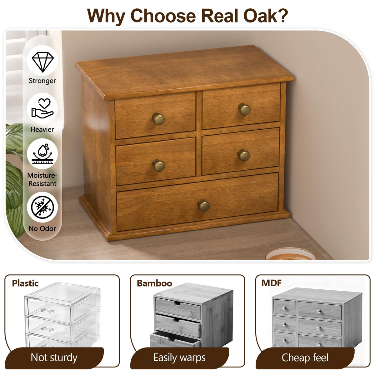 Oak Desk Organizer with Drawers, Durable Wooden Desktop Storage Box