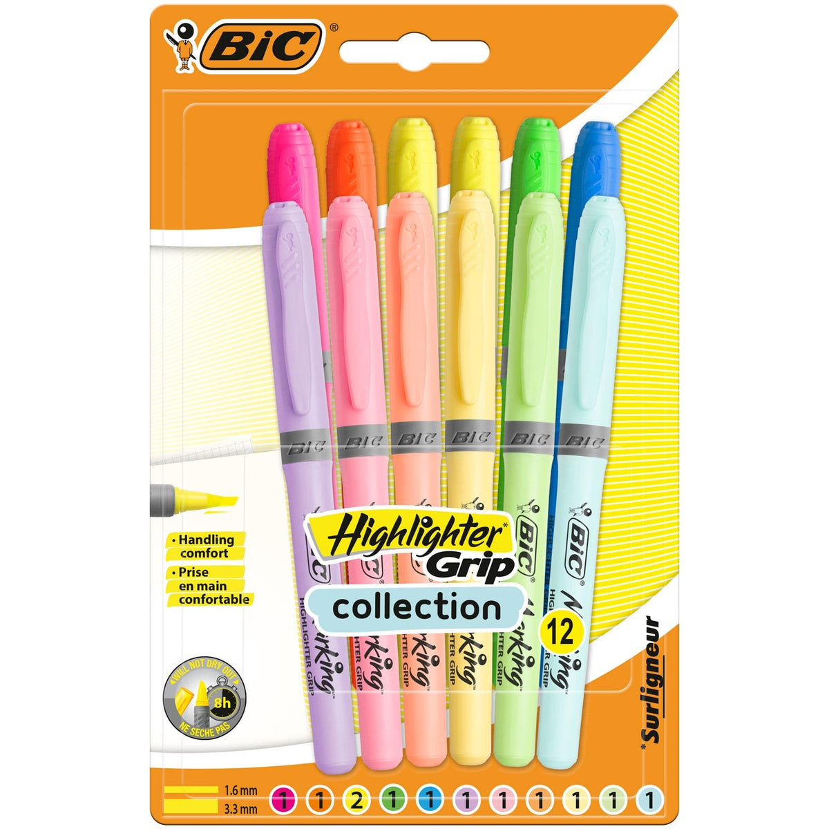BIC Highlighter Grip, Ribbed Rubber Grip for Extra Comfort, Water-Based Ink, Assorted Intense and