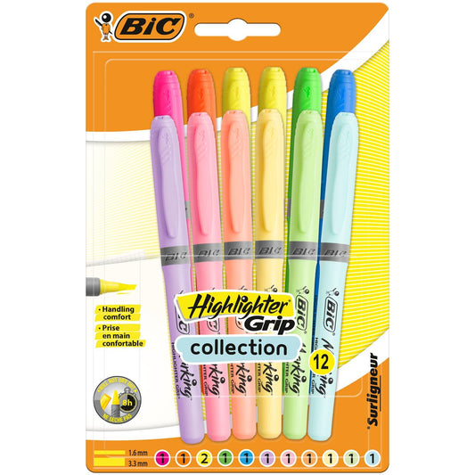 BIC Highlighter Grip, Ribbed Rubber Grip for Extra Comfort, Water-Based Ink, Assorted Intense and