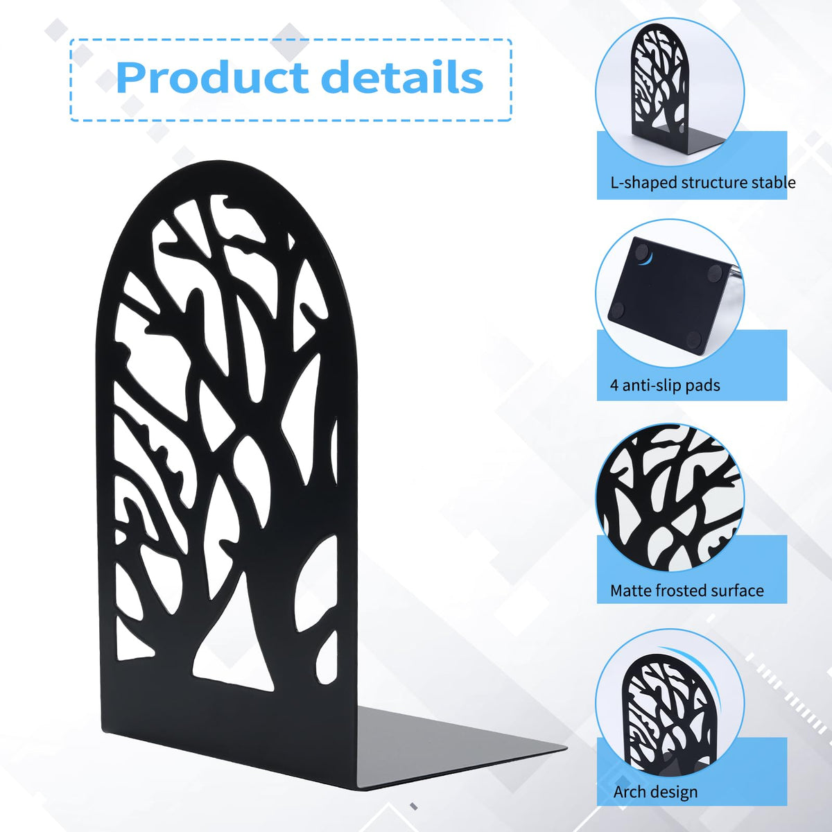 Tree Bookends 10 Pack Black Metal Heavy Duty Book Supports for Shelves | Black Metal, Tree