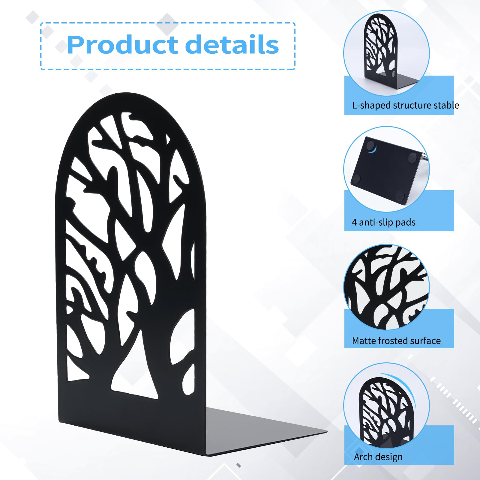 Tree Bookends 10 Pack Black Metal Heavy Duty Book Supports for Shelves | Black Metal, Tree