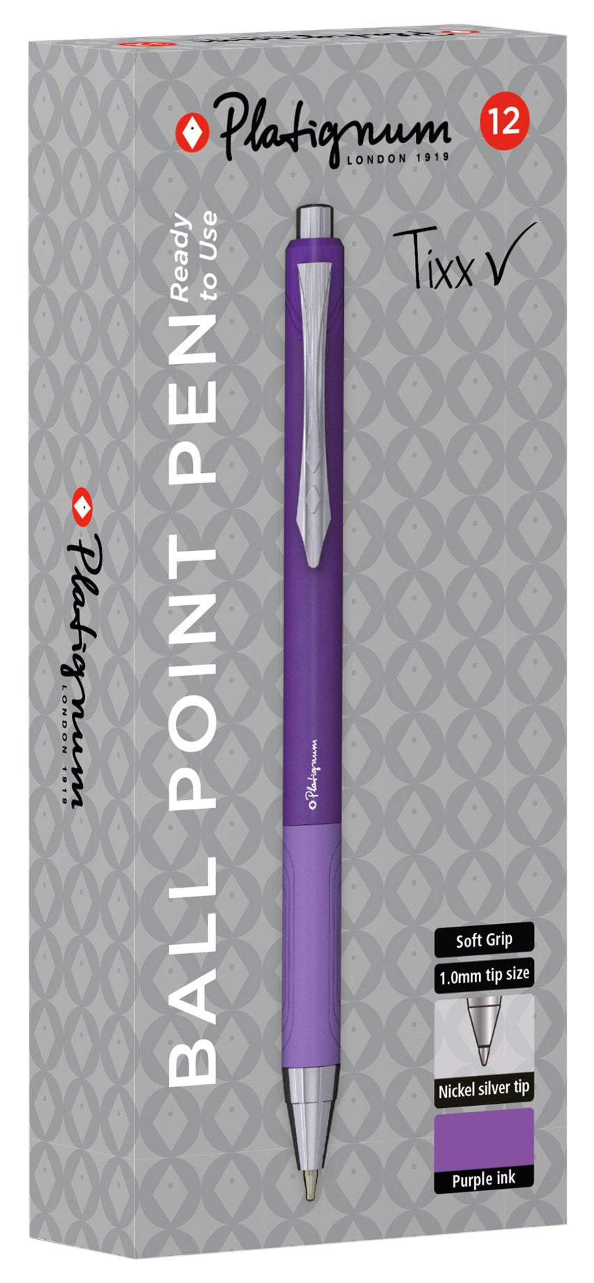 Platignum Tixx Purple Ballpoint Pen [Pack of 12] Soft Grip Barrel with Hybrid Gel Ink for