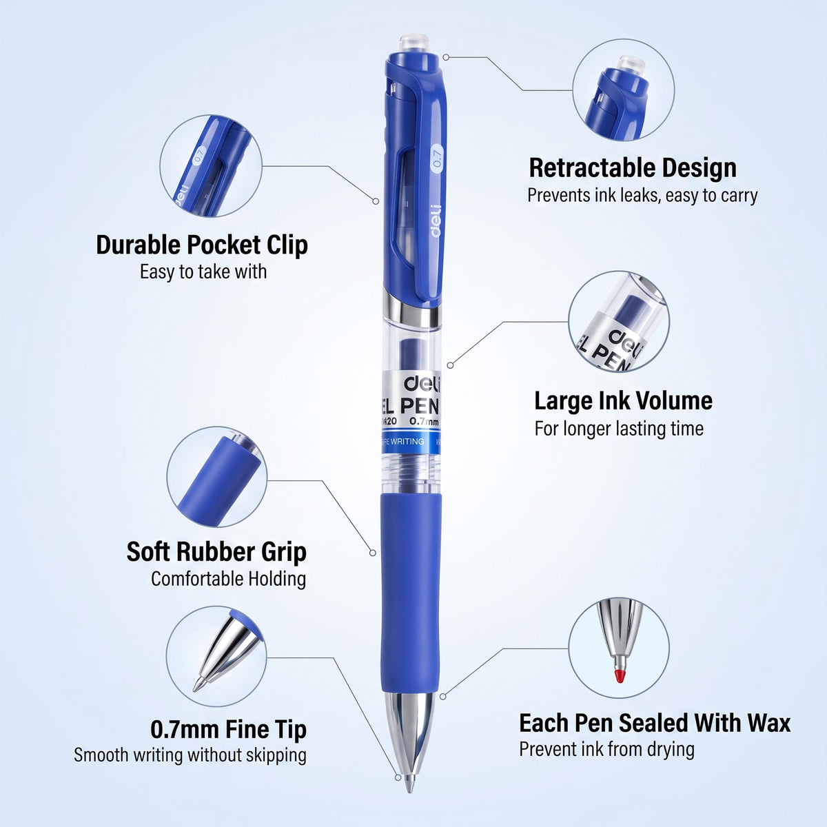 deli Gel Pens, 100 Pcs Pens Blue Ink, Retractable Medium Point Pen 0.7mm