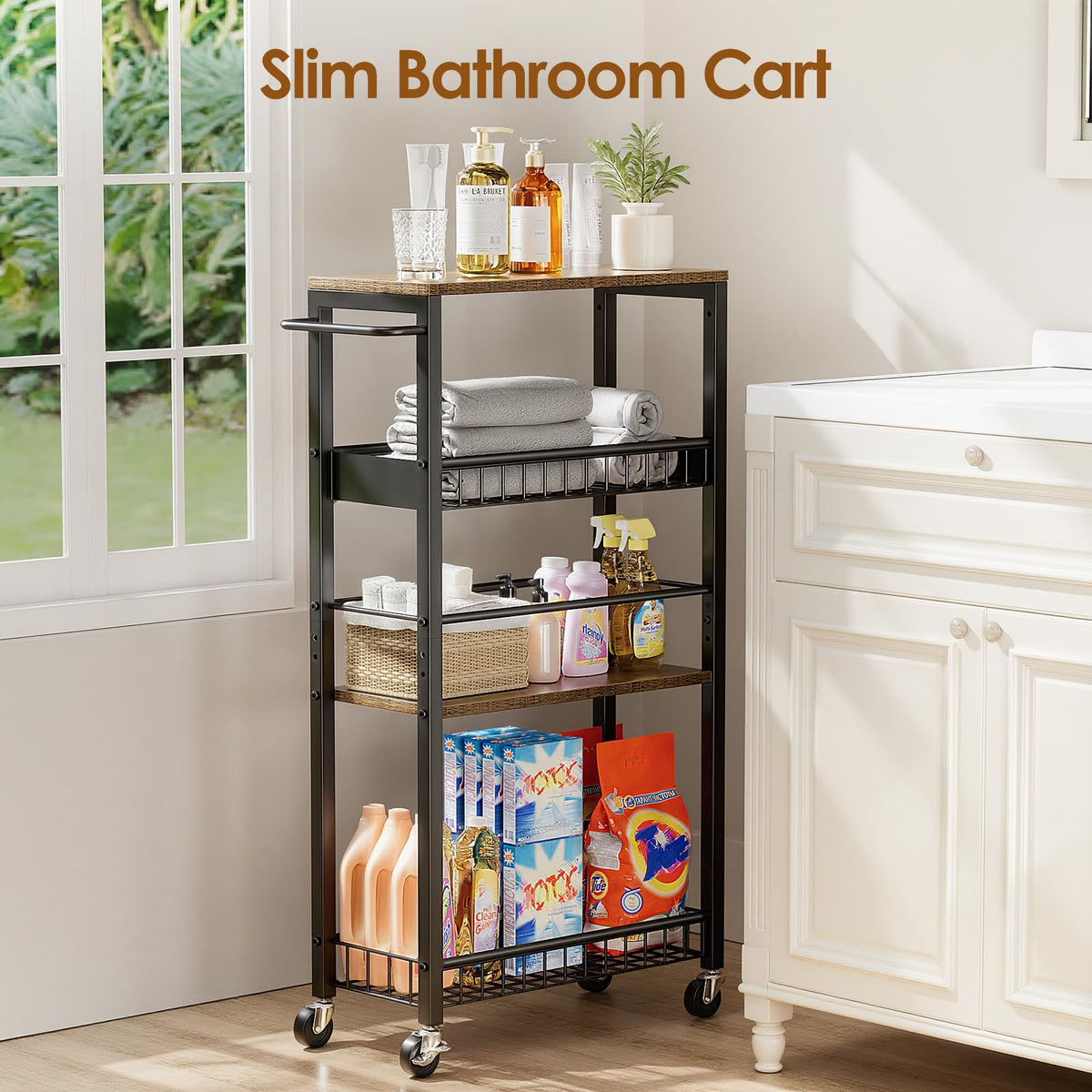 Kssiaz Slim Rolling Storage Cart, 4 Tier Narrow Storage Cart, 9.1in(W)