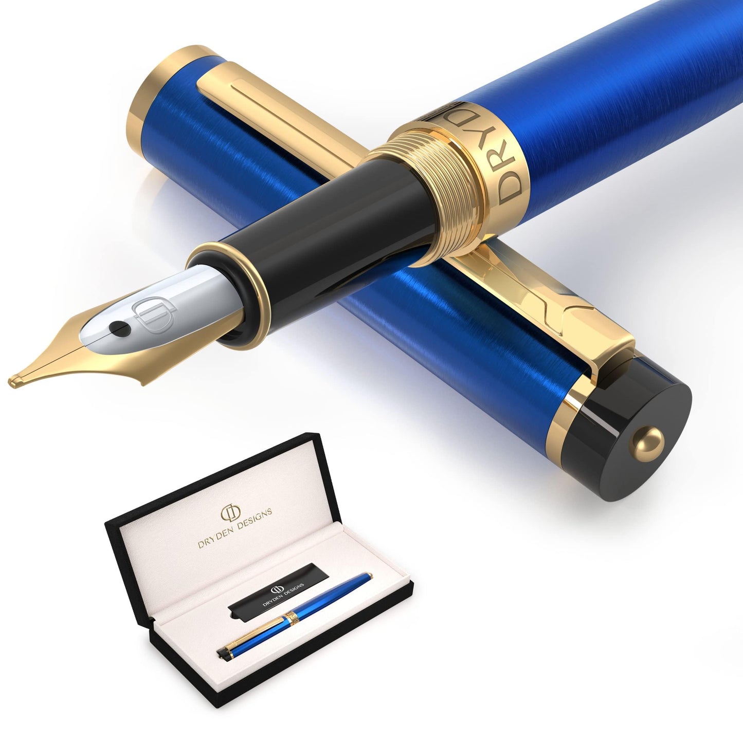 Dryden Designs Fountain Pen. Medium Nib Premium Box | 6 Ink Cartridges Included (Mysterious Blue)