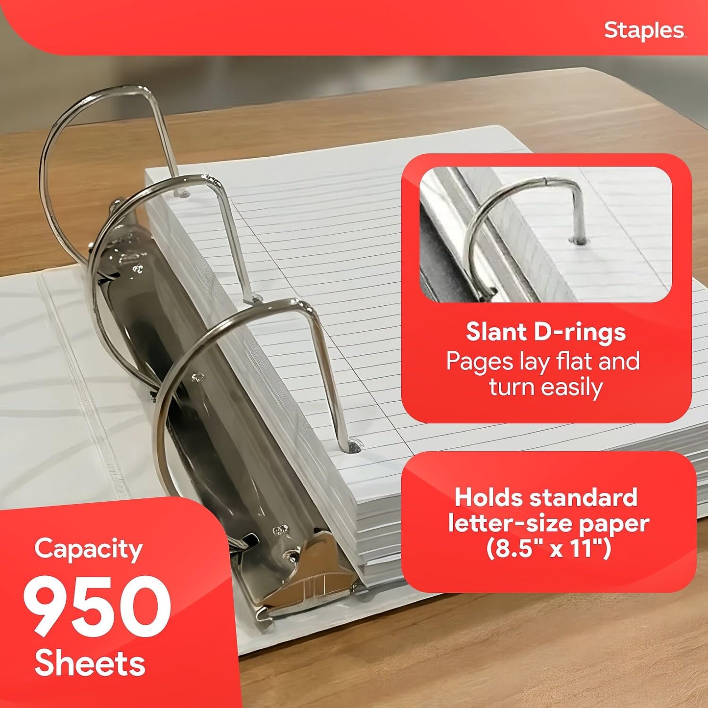 Staples Standard 5-Inch D-Ring View Binder, High Capacity Holds Up to 1,050 Sheets, White, for