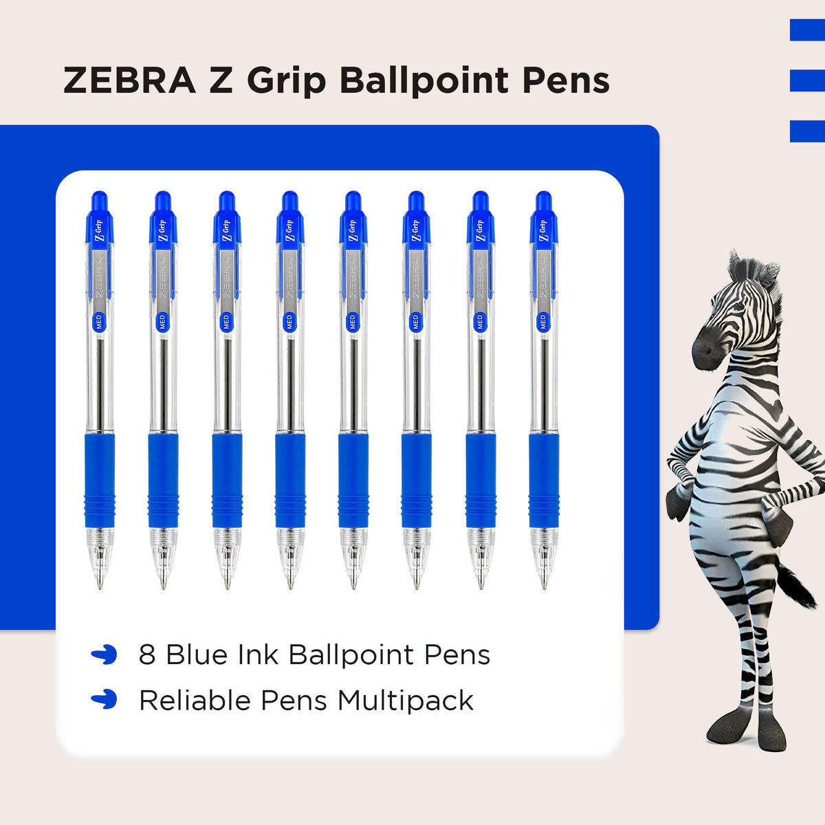 Zebra Pen Z Grip Blue Ballpoint Pens with Pocket Clip 8pk, Retractable Blue Ink Ballpoint Pens