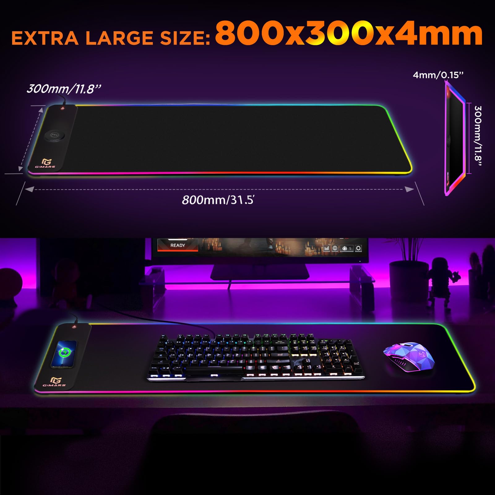 Gimars RGB Gaming Mouse Pad,15W Wireless Charging Mousepad with 10 Light Modes, Large Mousepad with