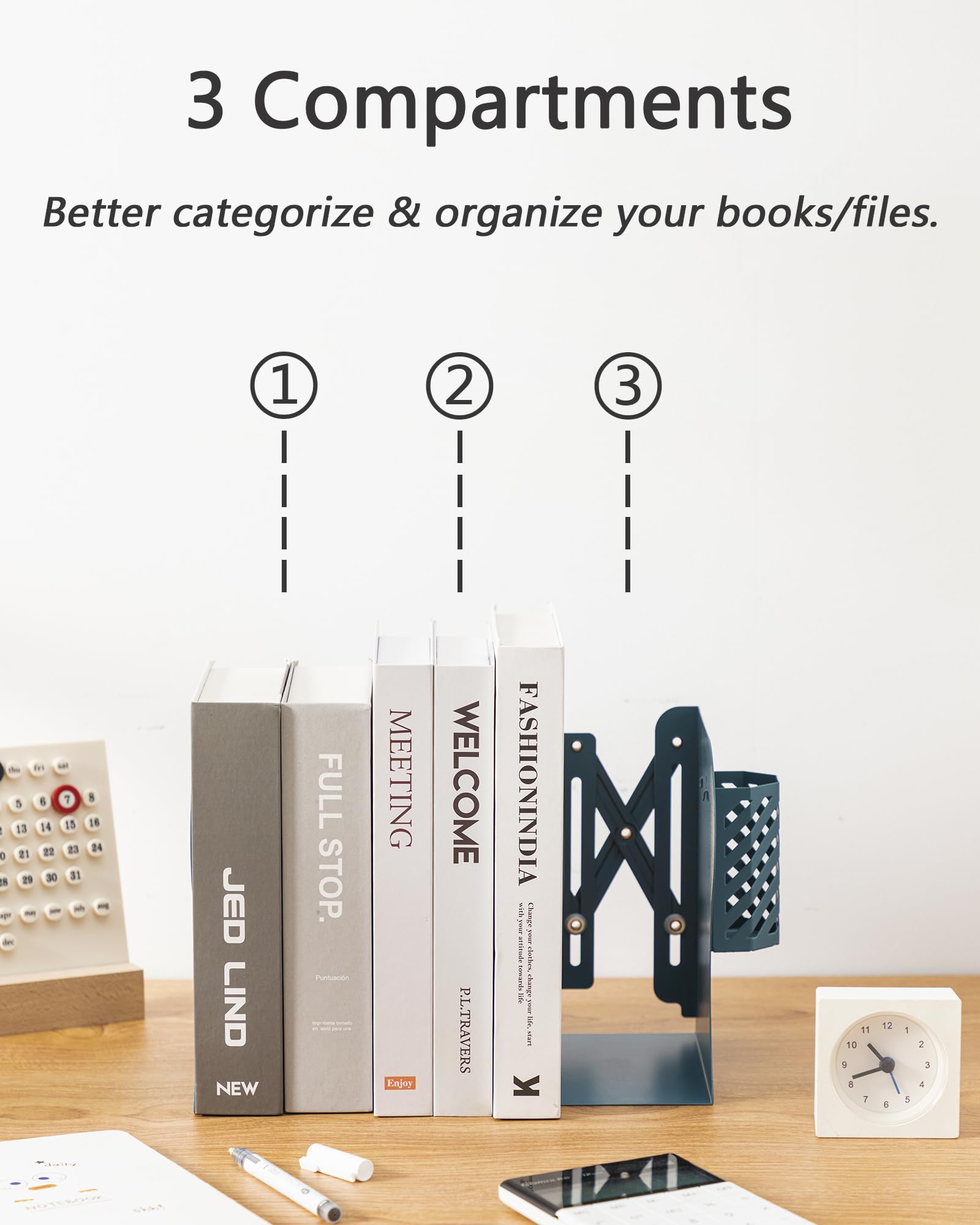 Kingsmile Book Ends, Adjustable Heavy Duty Metal Book Stoppers with Pen Holder for Desk Office