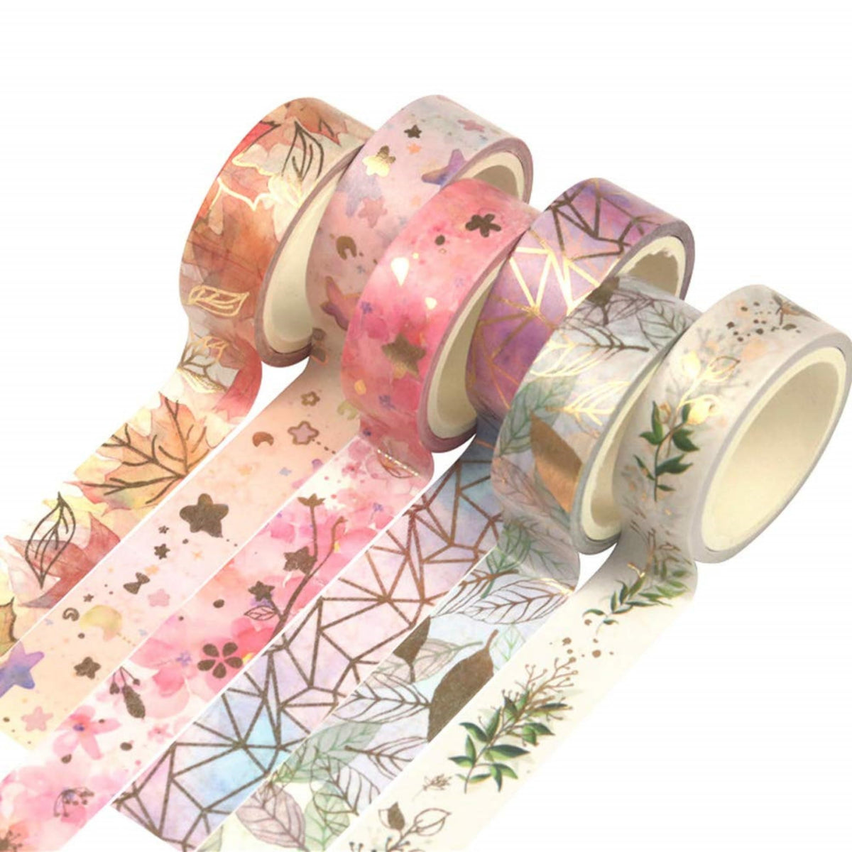 YUBX Flowers Washi Tape 6 Rolls Gold Foil Decorative Paper Masking Tape for Scrapbooking, Craft and