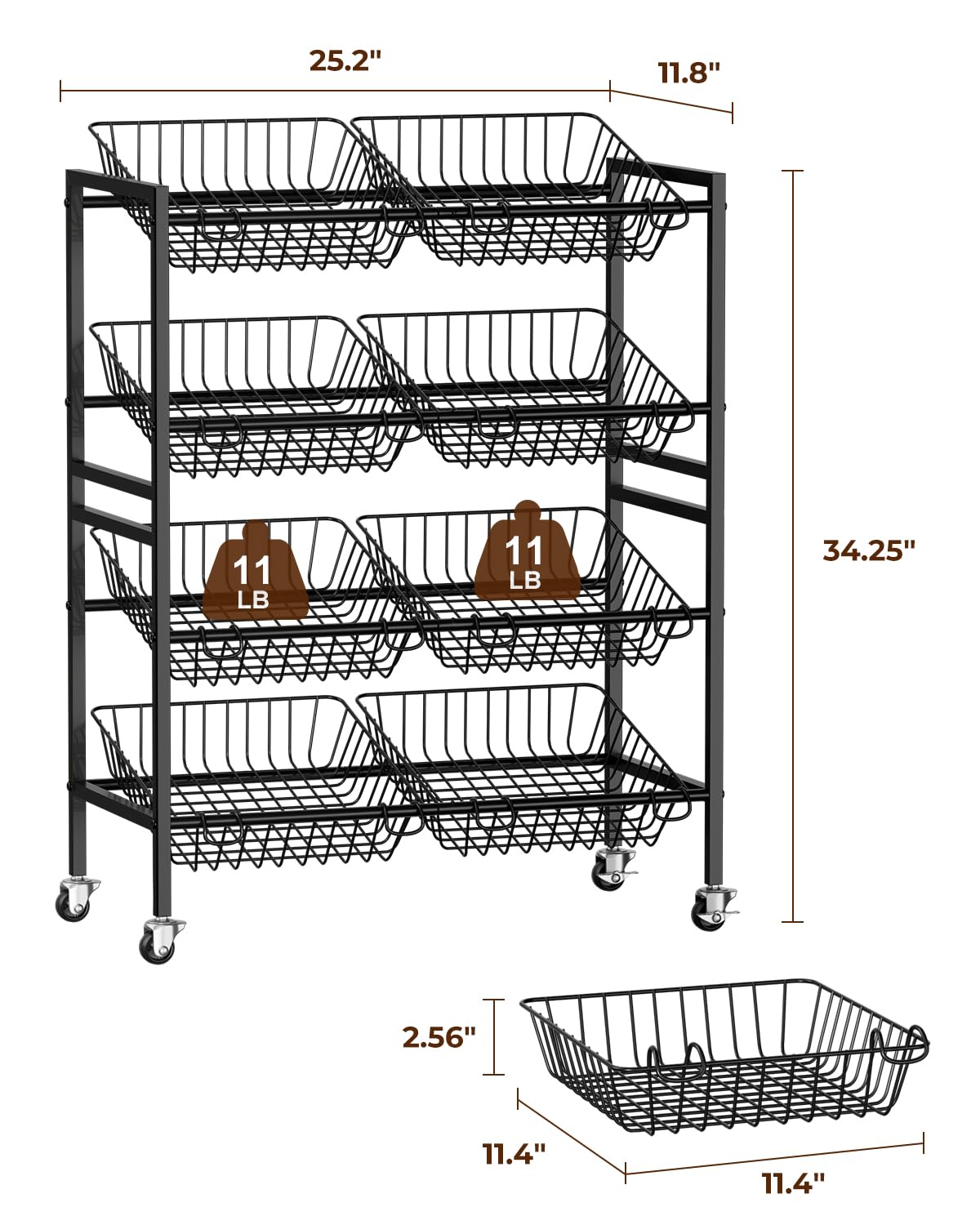 Evermagin 25.2" W Kitchen Storage Cart, 4-Tier Snack Cart with Wheels
