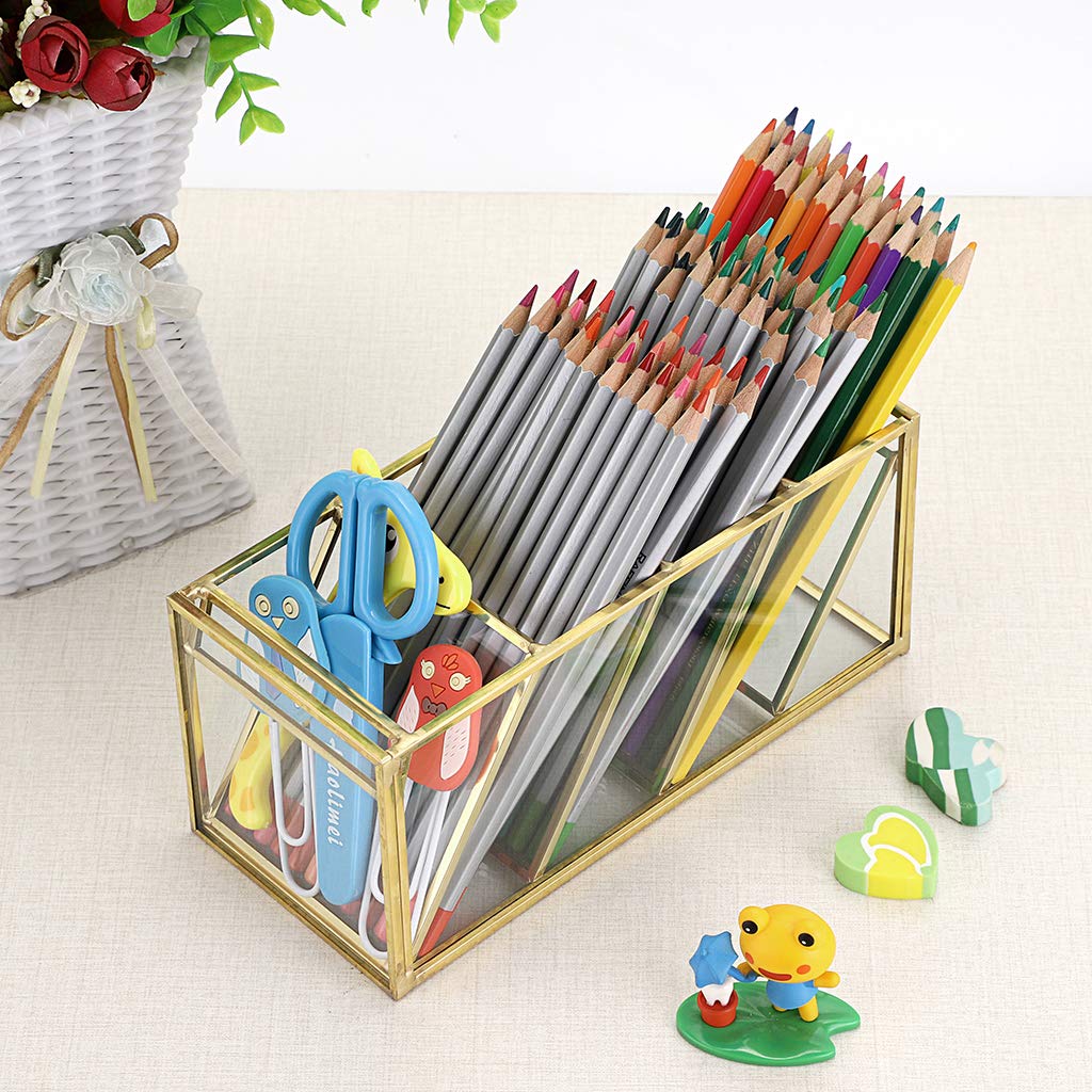 Hipiwe Gold Makeup Brush Holder - 4 Slots Glass Pen Pencil Organizer