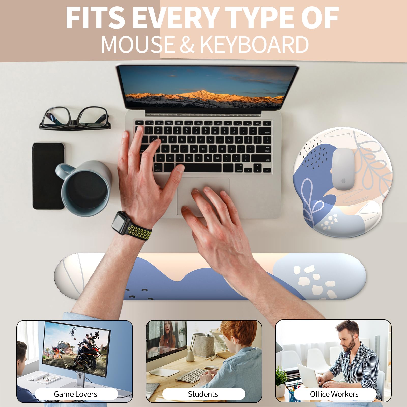 eulps Mouse Pad Wrist Support, Ergonomic Memory Foam Keyboard Wrist Pad & Gel Wrist Rest Set for