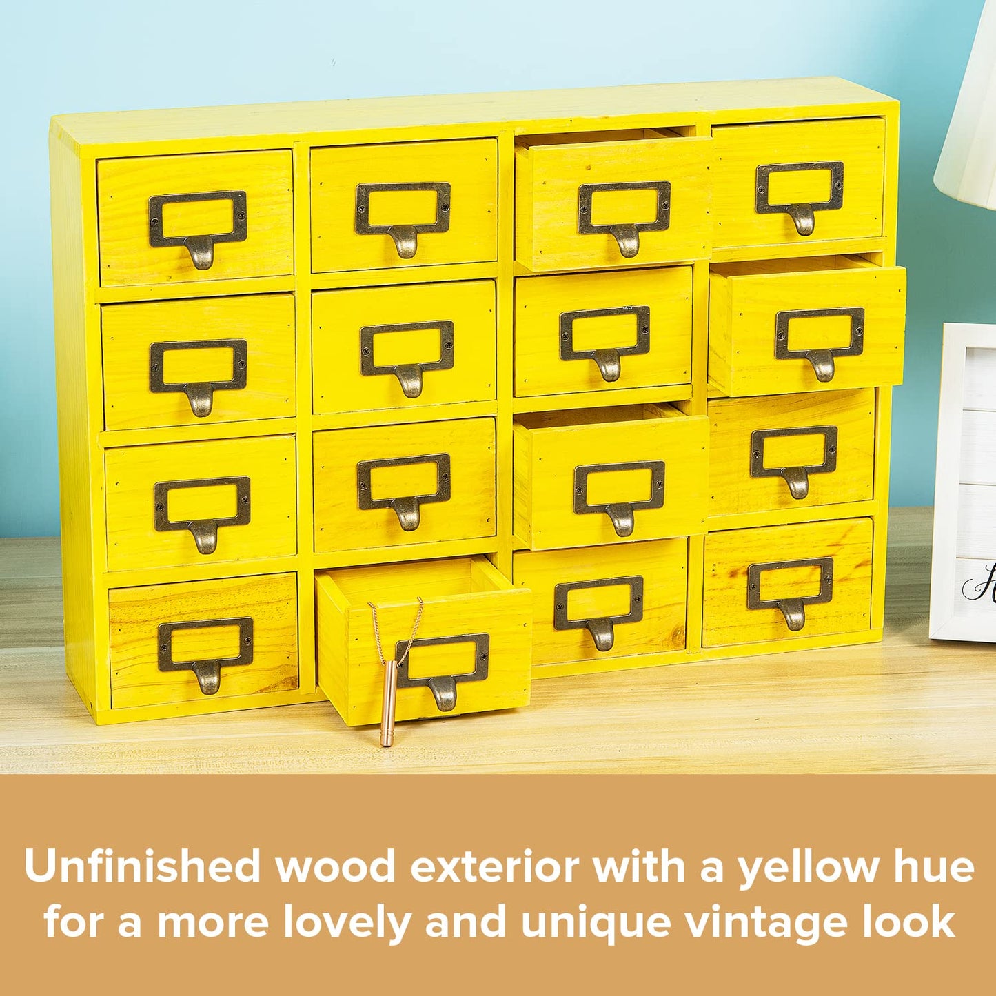 Yellow 16-Slot Wooden Drawer Unit - Country Style Desk Organizer - 20"x3.6”x14” Wooden Storage Box