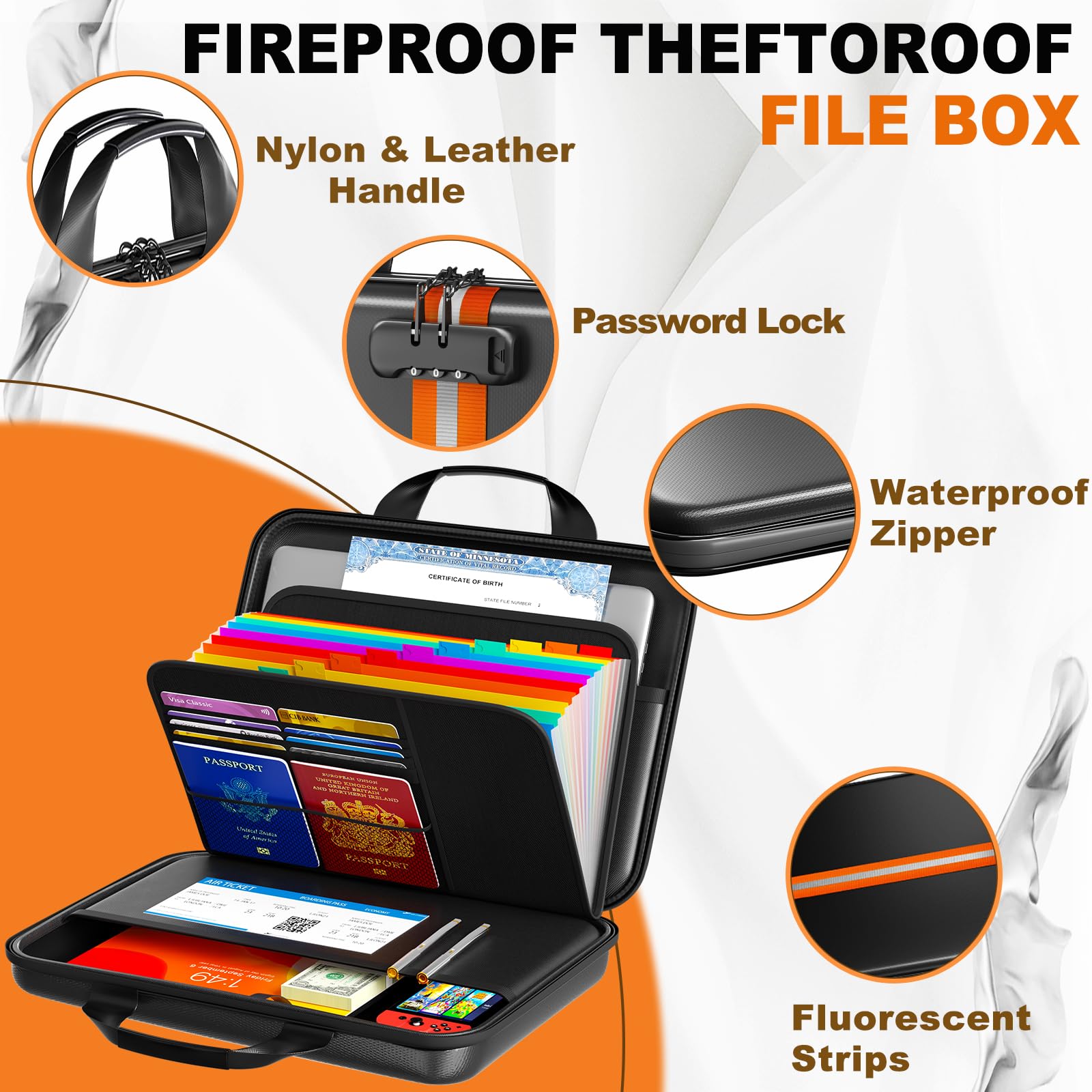 IPYIPY Fireproof Document Organizer with Lock, Semi-Rigid EVA Shell File Box with 13-Pocket