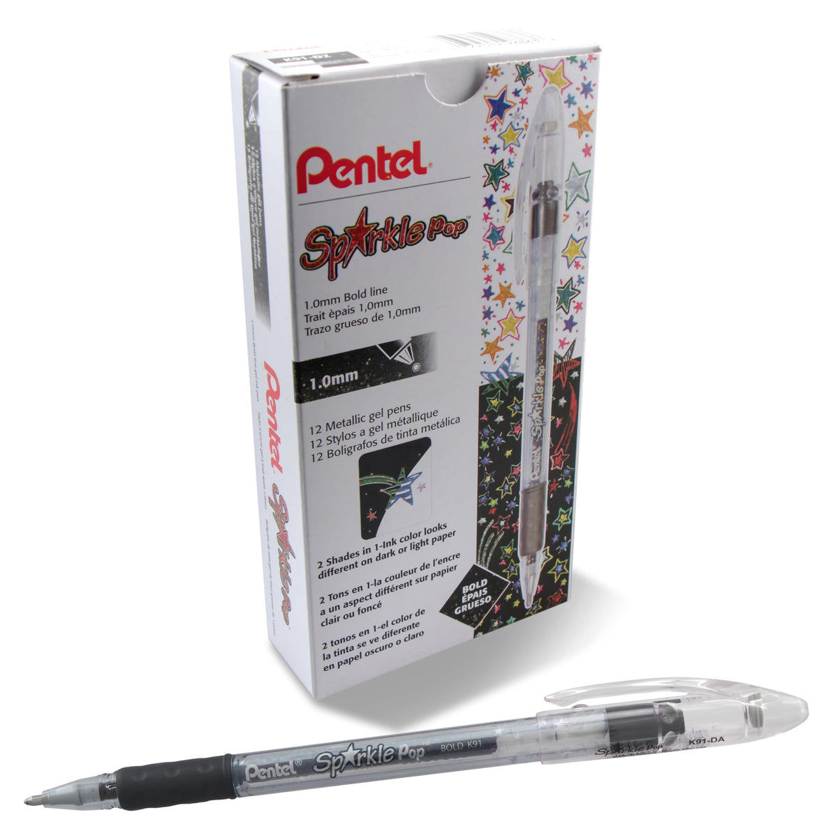 Pentel Sparkle Pop Metallic Gel Pen, (1.0mm) Bold Line, Black/Red Ink, Box of Pens (K91-DA)
