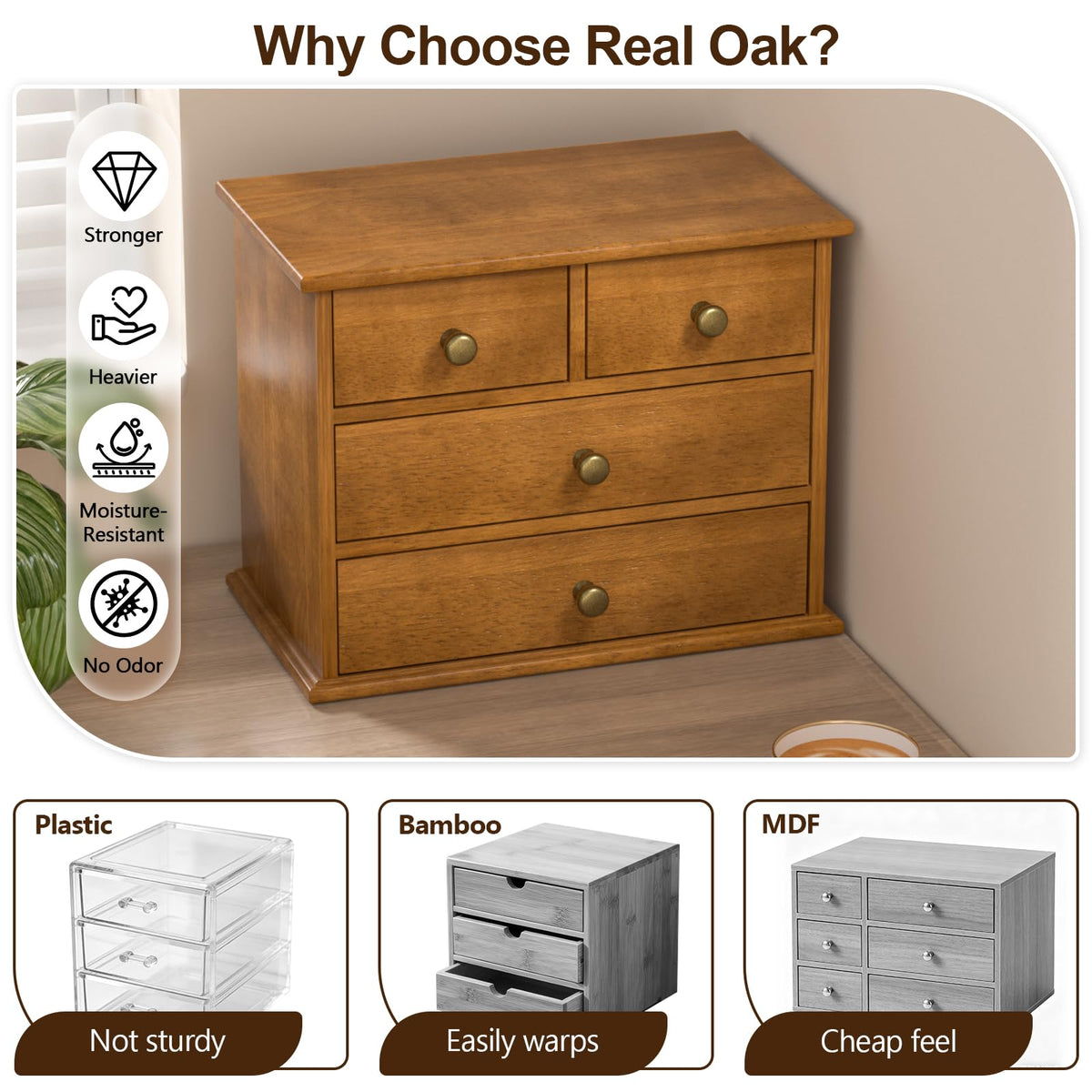 Oak Desk Organizer with Drawers, Durable Wooden Desktop Storage Box