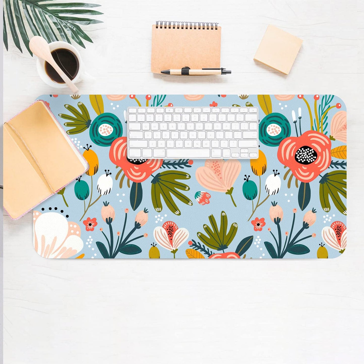 Floral Desk Mat, Non-Slip PU Leather Desk Pad, Blue 27.5"x13.8"