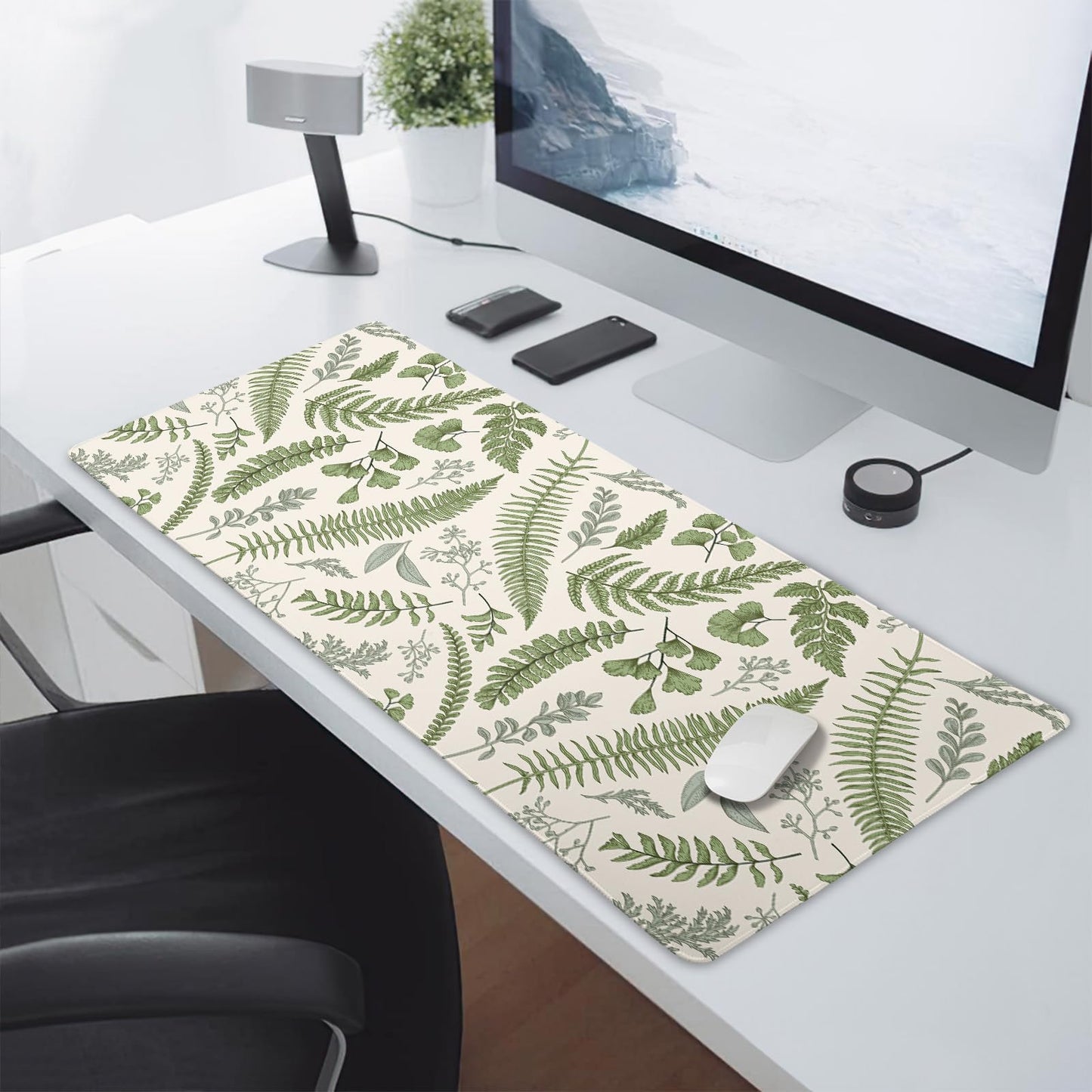White Green Plant Flowers Mouse Pad XXL Tropical Fern Botanical Leaves Extended Desk Mat 90X40cm