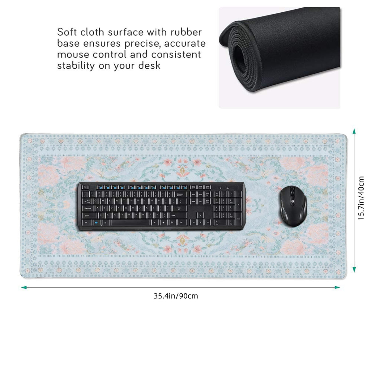 Giant Floral Desk Pad, Blue XXL Long Mouse Mat with Anti-Slip & Stitched Edge, Cute Office Decor