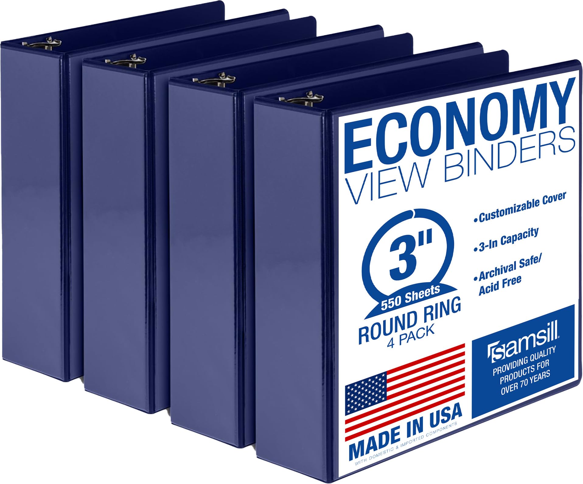 Samsill 3 Inch 3 Ring Binders, Economy Round Ring, Clear View Cover, 550 Sheet Capacity - for
