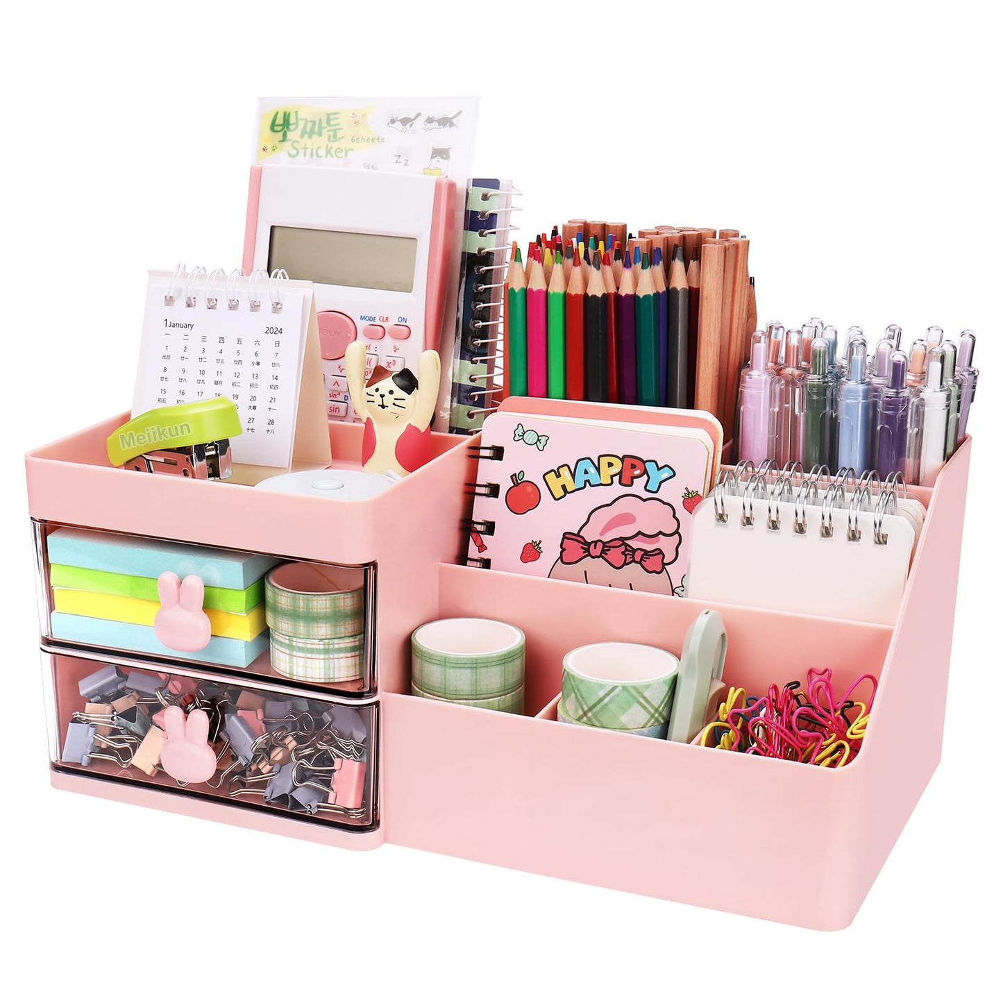 Meiikun Desk Organizer, Makeup Organizer with 2 Drawers, 7 Compartment & a Top Tray, Desktop