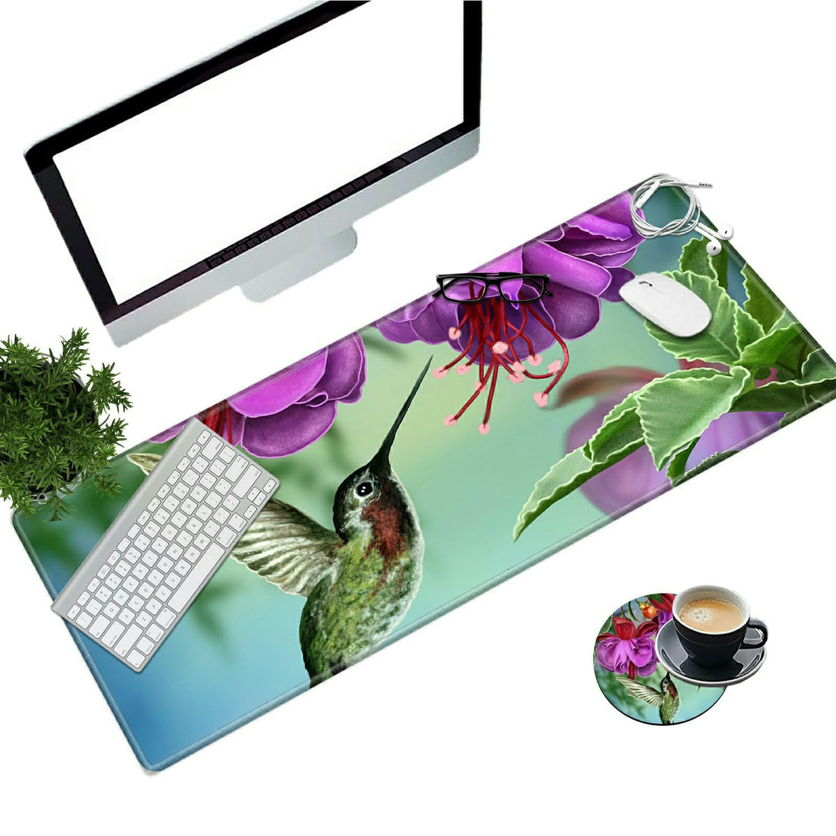 BEOTIWAD Large Mouse Pad with Cup Coaster, Hummingbird Flower