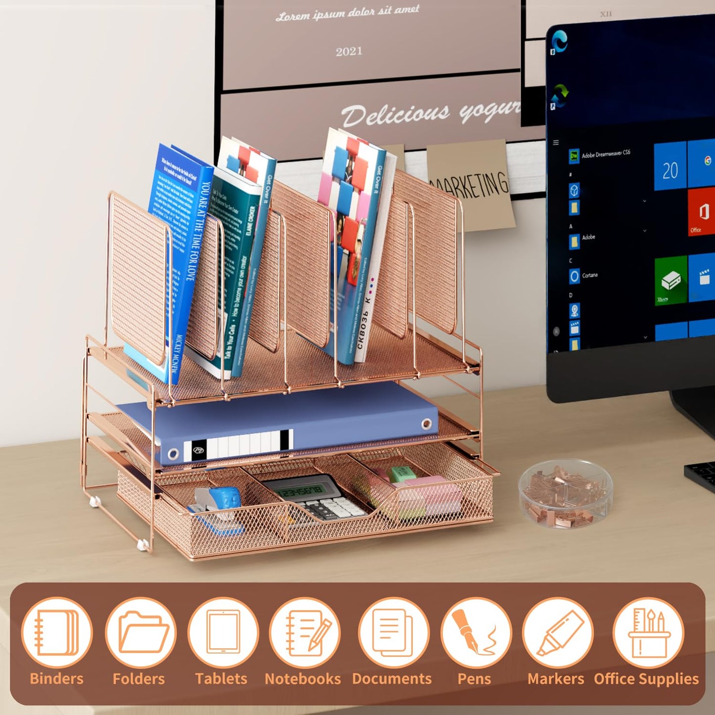 LEKETREE Rose Gold Desk Organizer, Office Organization with Vertical File Holder, File Organizer