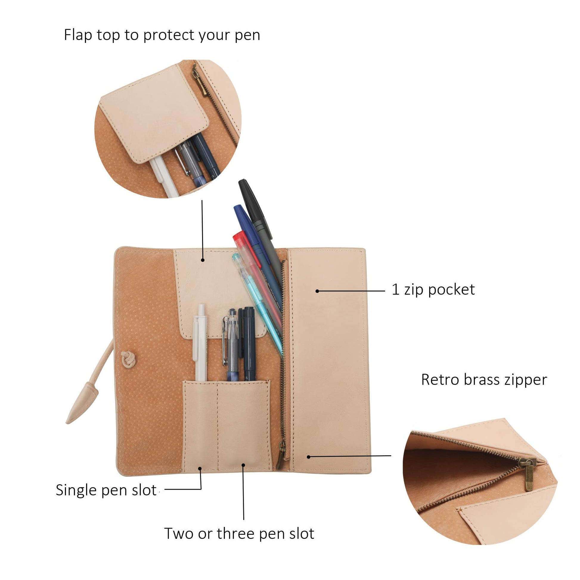 ZLYC Handmade Leather Pencil Case Soft Roll Bag Stationery Gift, Beige