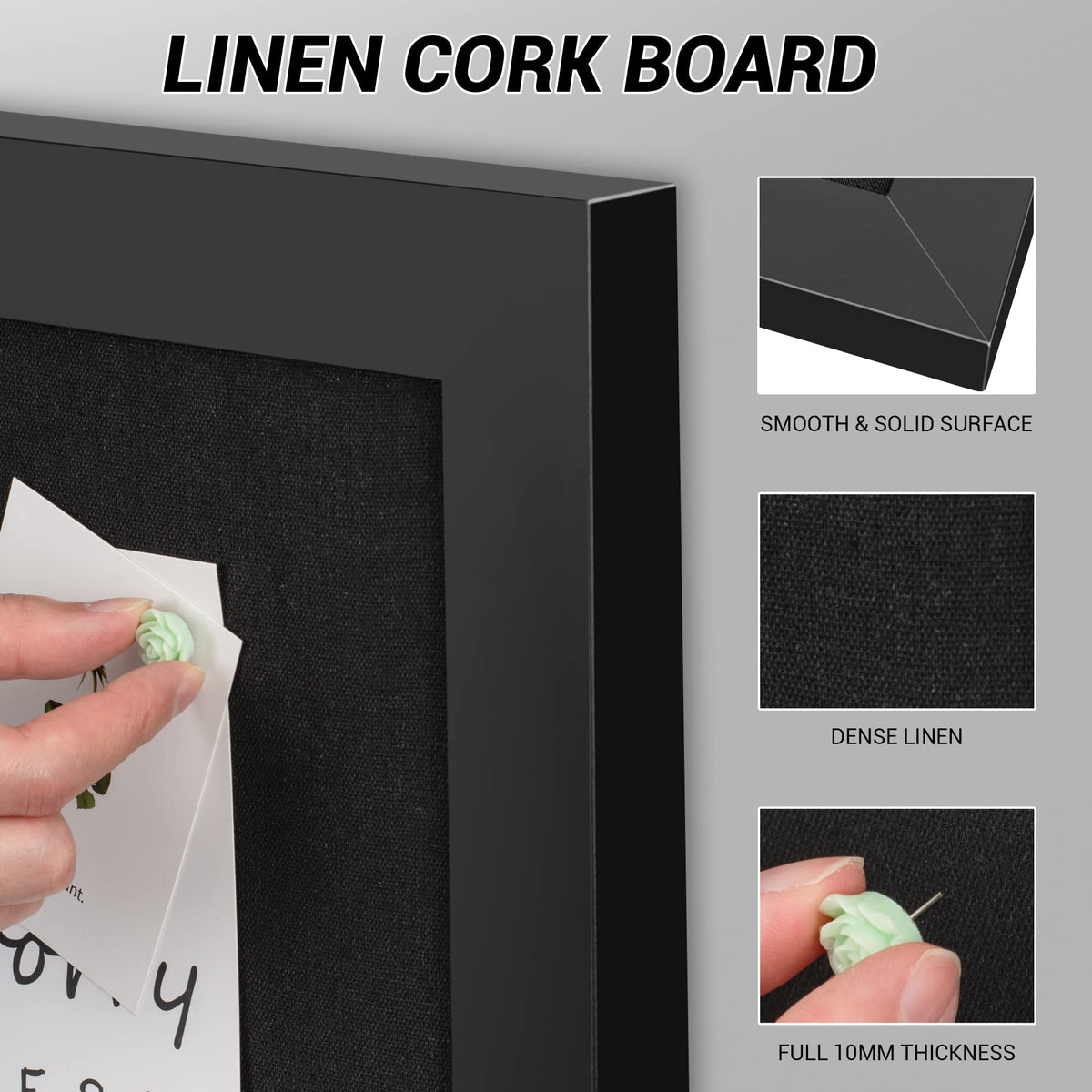 Board2by Black Cork Board Bulletin Board with Linen, Wood Framed 24" x 18" Corkboard, Office Board