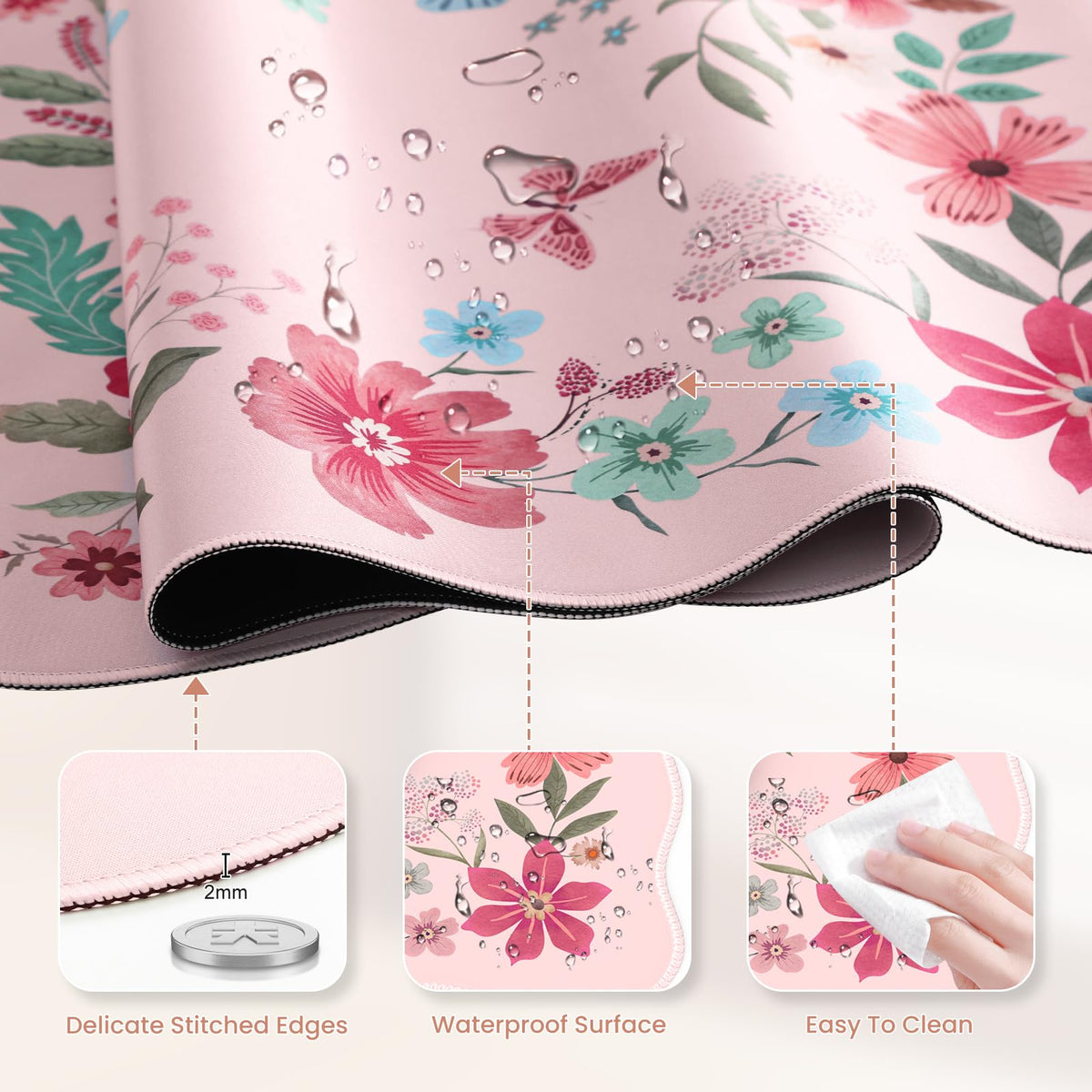 HAOCOO Floral Desktop Mat with Scalloped Edge, XL Computer Pad(Hot Pink)