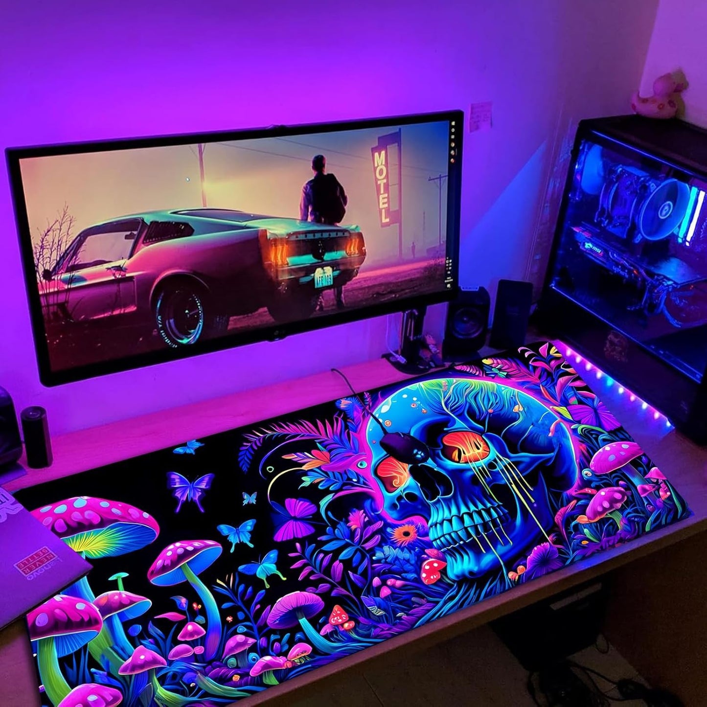 Simpkeely Large Skull Mushroom Gaming Mouse Pad - UV Light Reactive Neon Glow Butterfly Mat