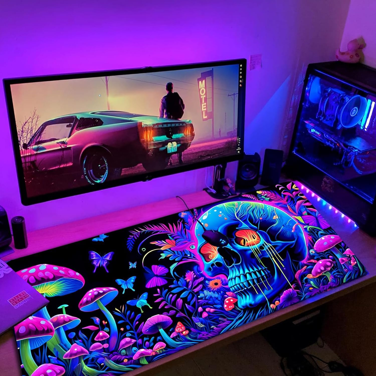 Simpkeely Large Skull Mushroom Gaming Mouse Pad - UV Light Reactive Neon Glow Butterfly Mat