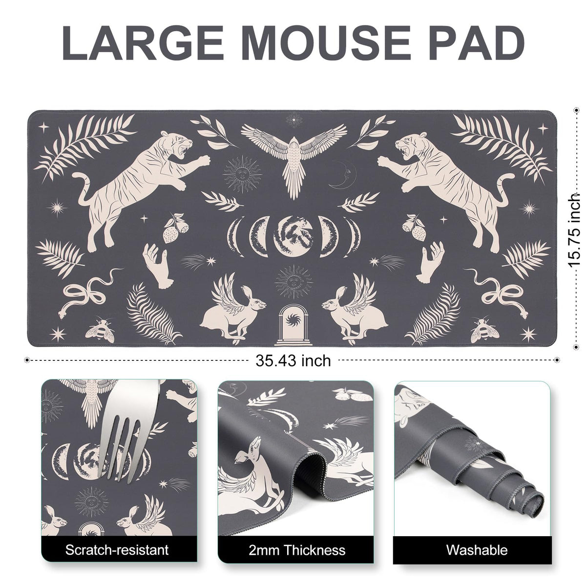 L-SPOUTTO Black Desk Mat for Keyboard and Mouse,Boho XXL Gaming Mouse Pad