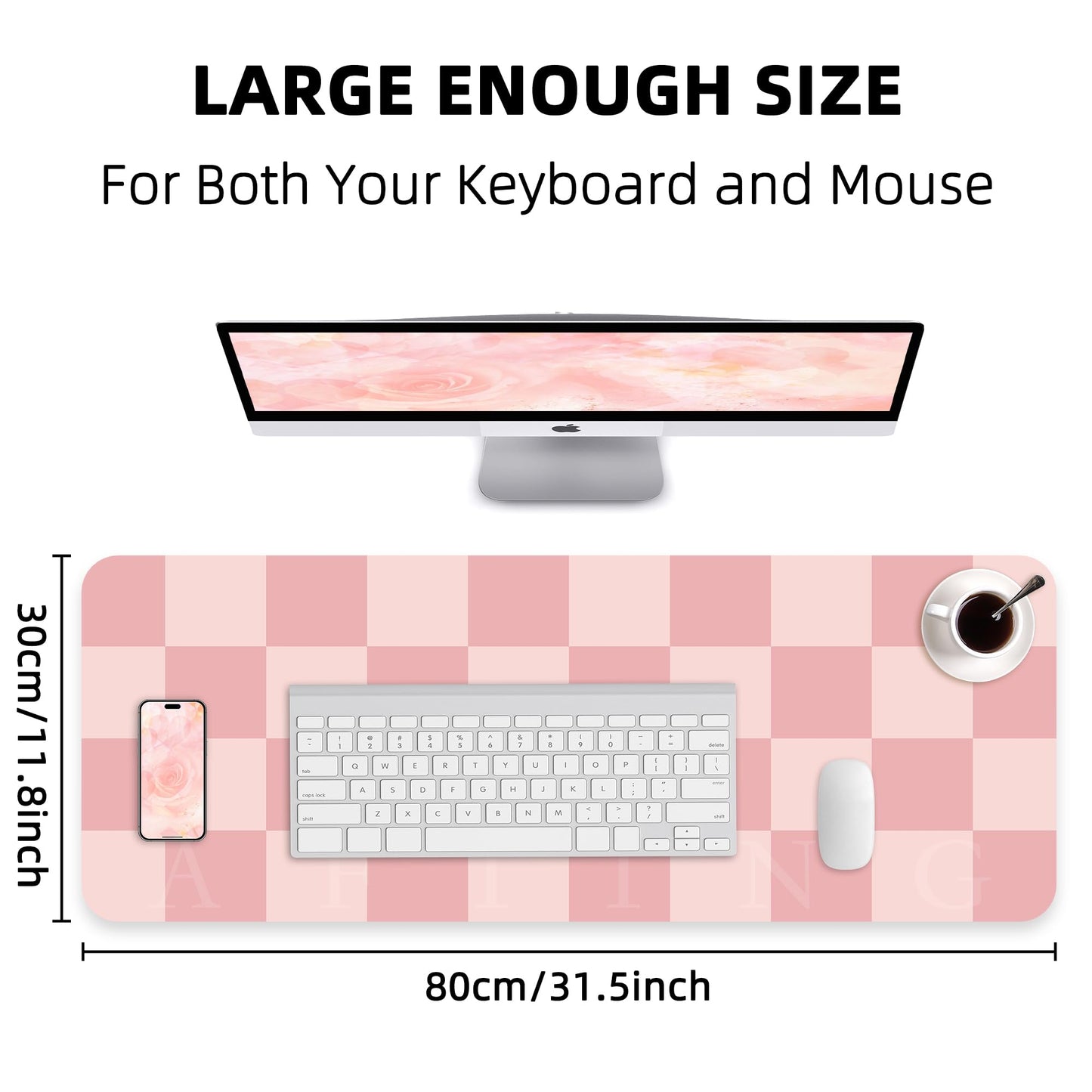 AFIING Pink Checkered Desk Mat, 31.5" x 12"，Waterproof PU Leather Desk pad