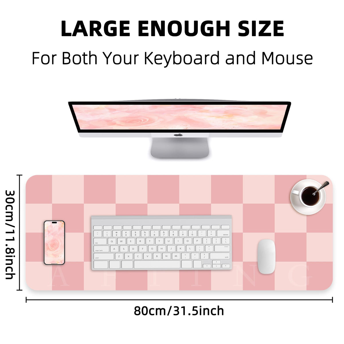 AFIING Pink Checkered Desk Mat, 31.5" x 12"，Waterproof PU Leather Desk pad