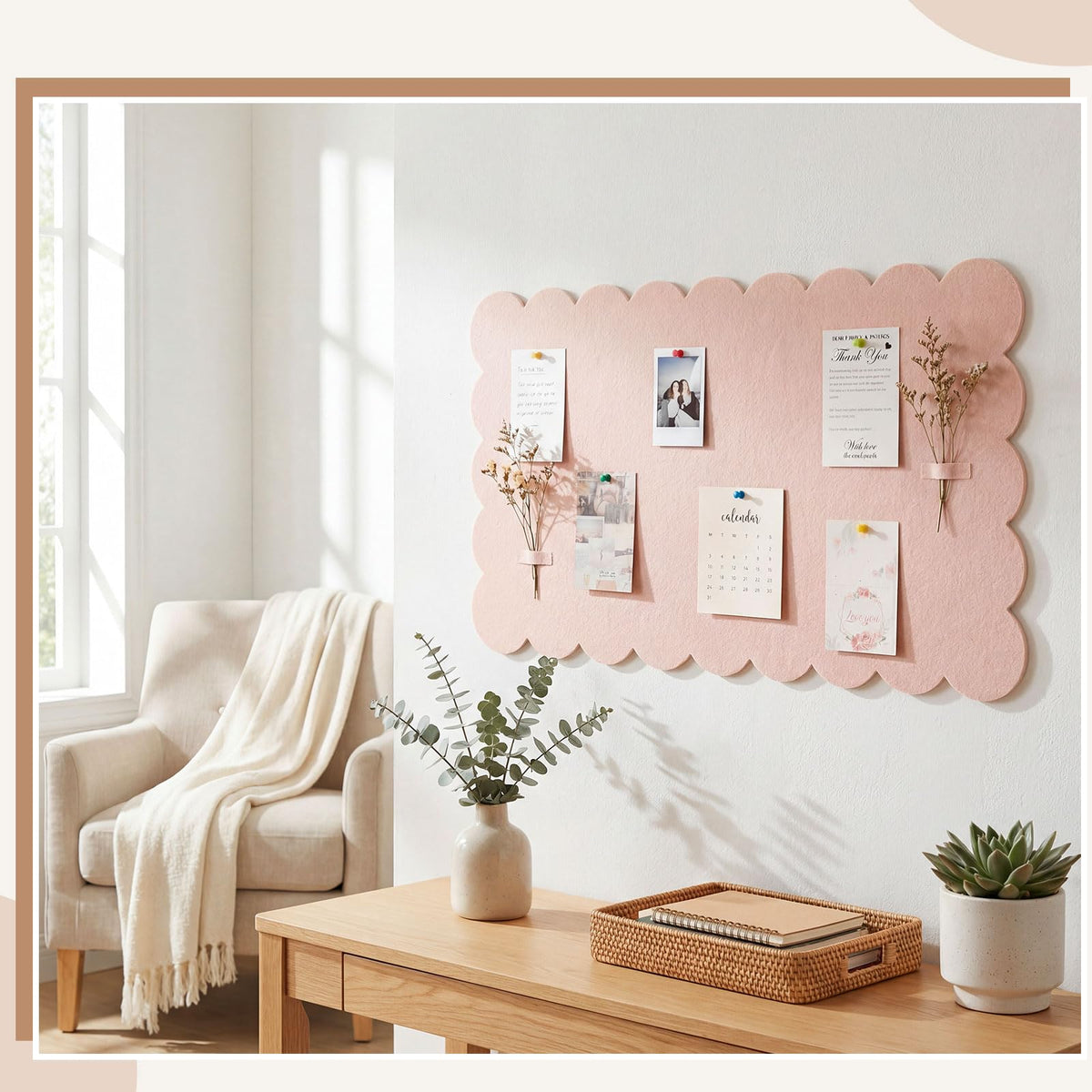 Mooliwe Scalloped Felt Bulletin Cork Board Foldable Flesh Pink 36 * 18 Inch
