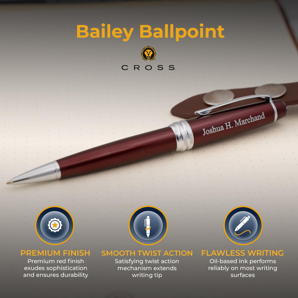 Cross Bailey Personalized Ballpoint Pen in Red Lacquer with Chrome Trim