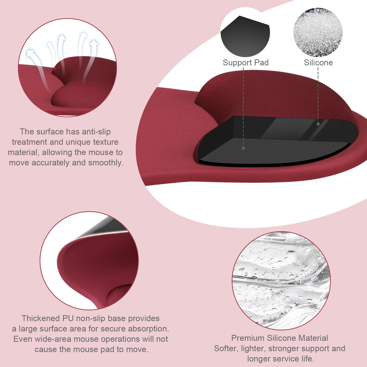 MOSISO Wrist Rest Support for Mouse Pad&Keyboard Set, Wine Red